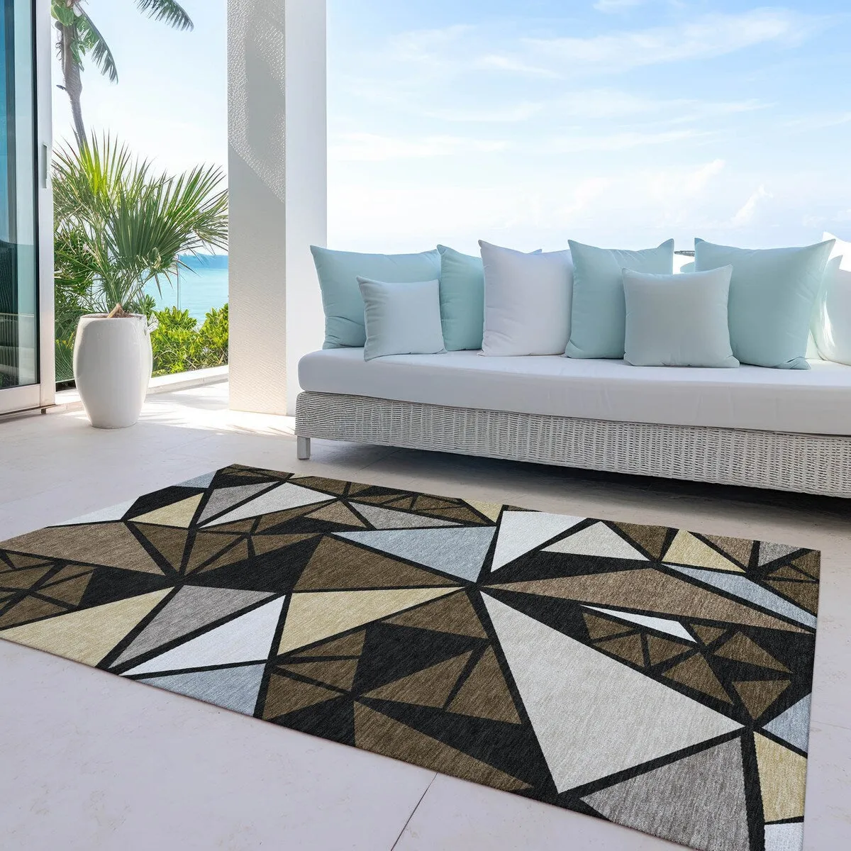 Machine Washable Indoor/ Outdoor Abstract Mosaic Chantille Rug