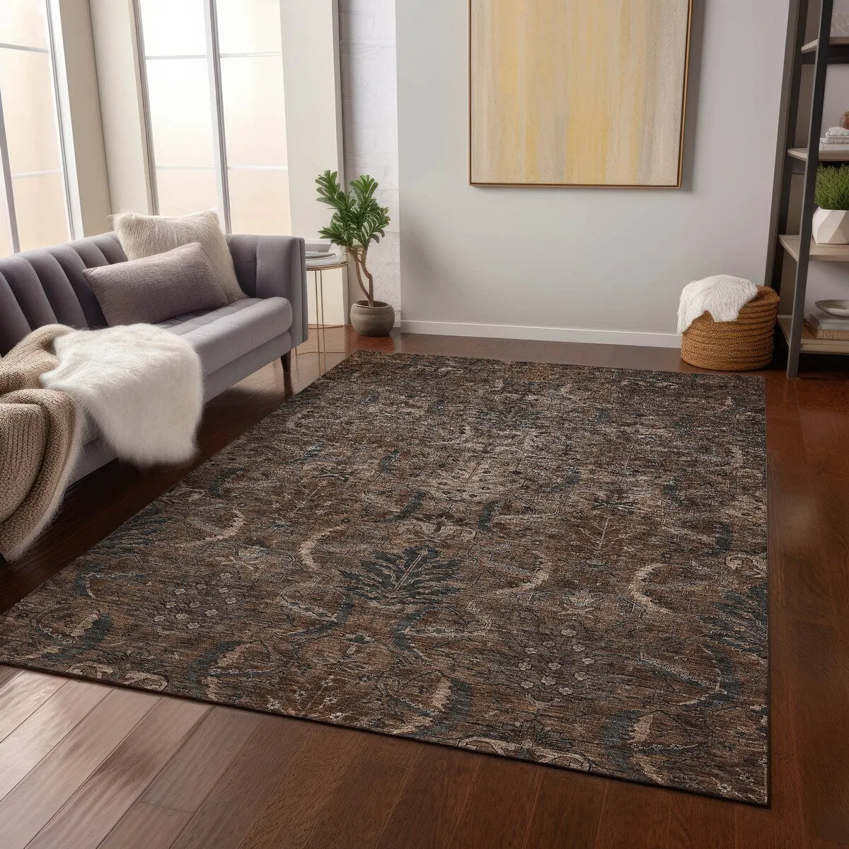 Machine Washable Indoor/ Outdoor Boho Traditional Chantille Rug
