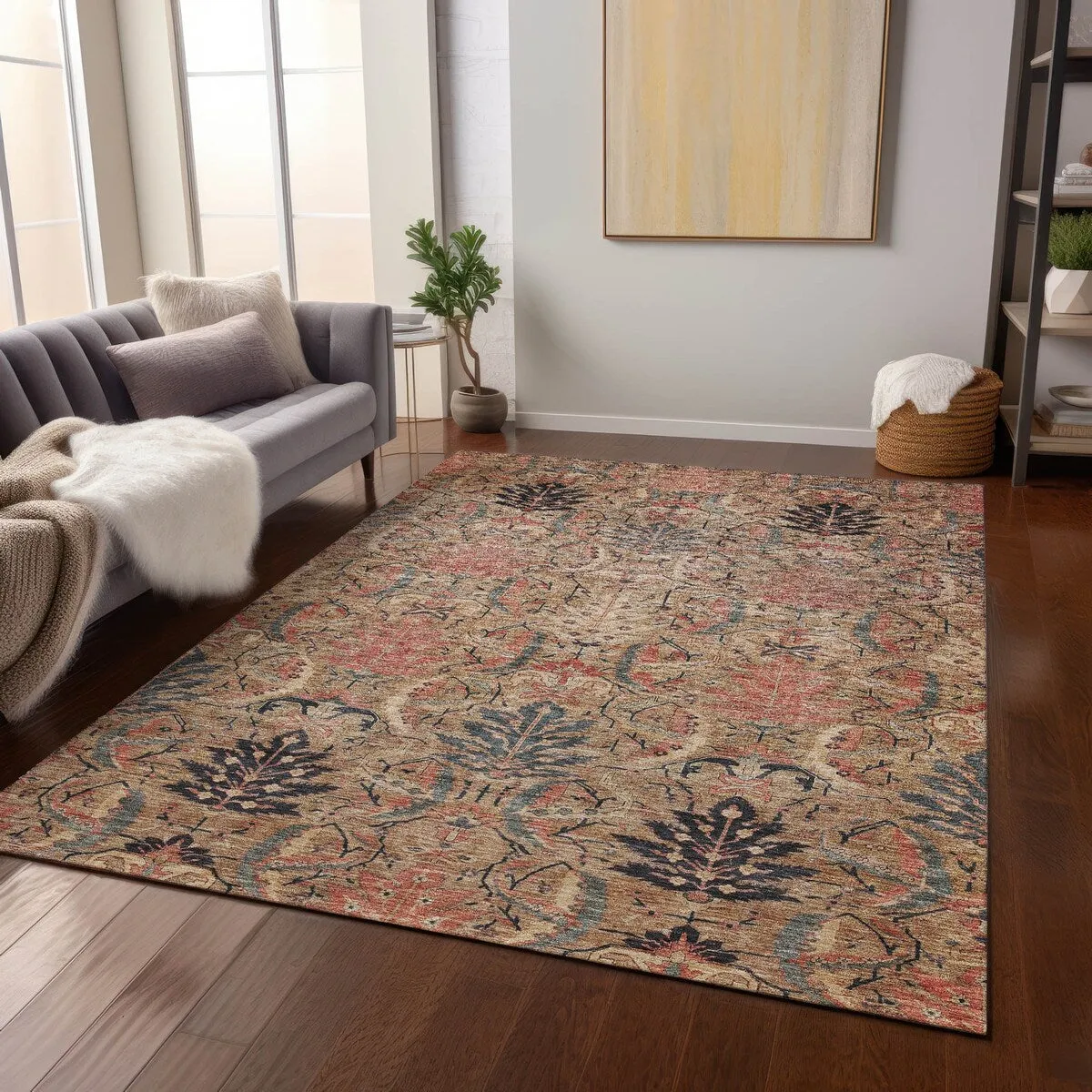 Machine Washable Indoor/ Outdoor Boho Traditional Chantille Rug
