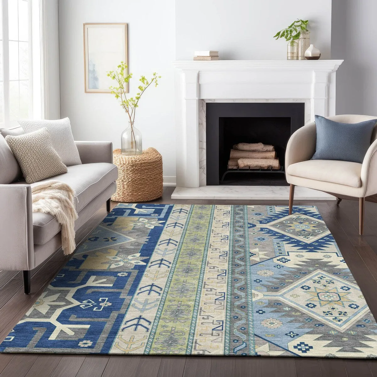 Machine Washable Indoor/ Outdoor Boho Tribal Chantille Rug