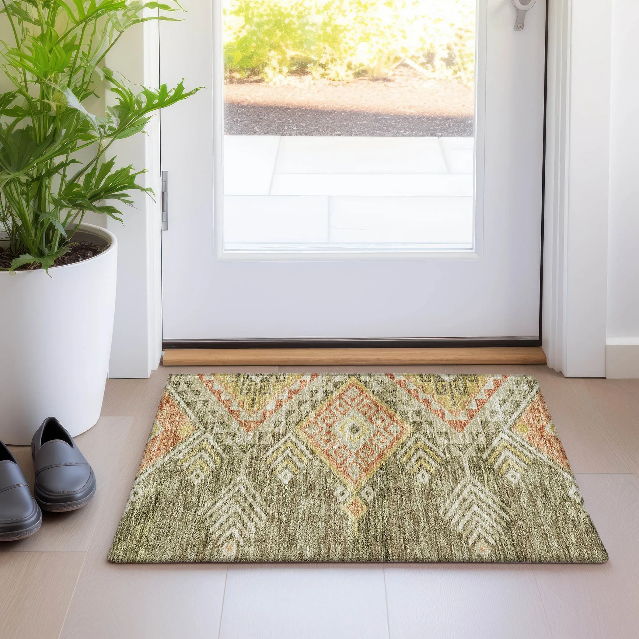Machine Washable Indoor/ Outdoor Boho Tribal Chantille Rug