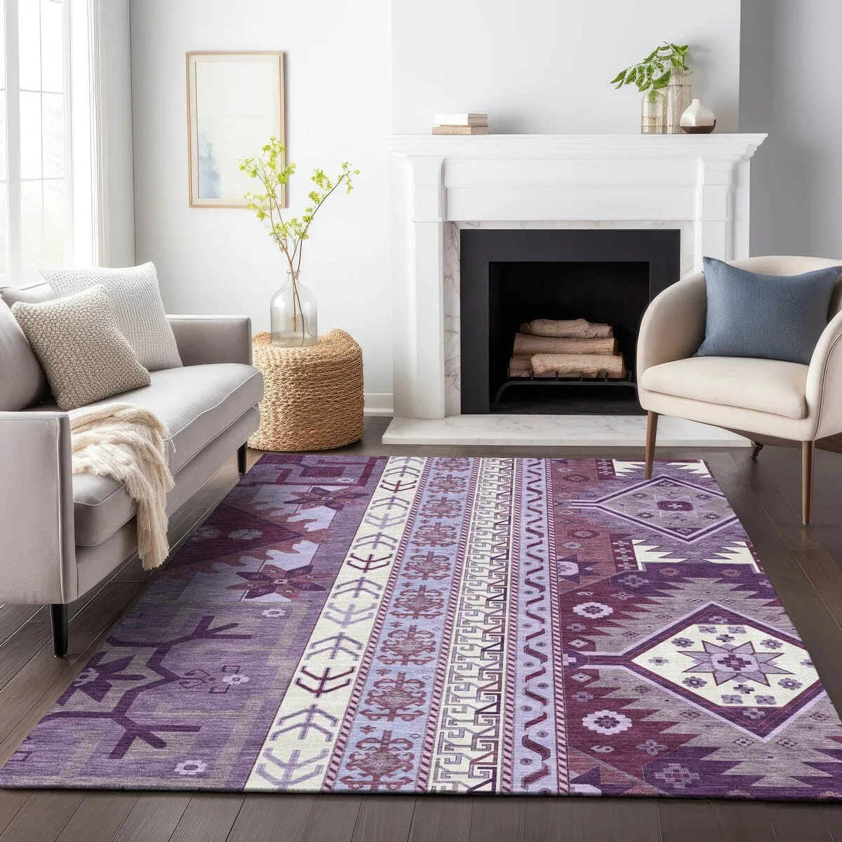 Machine Washable Indoor/ Outdoor Boho Tribal Chantille Rug