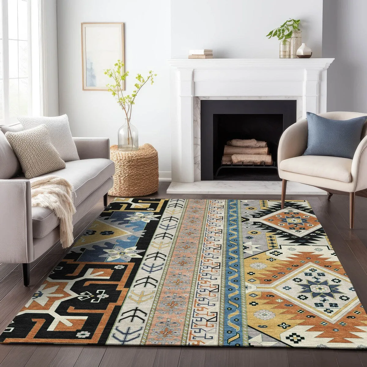 Machine Washable Indoor/ Outdoor Boho Tribal Chantille Rug