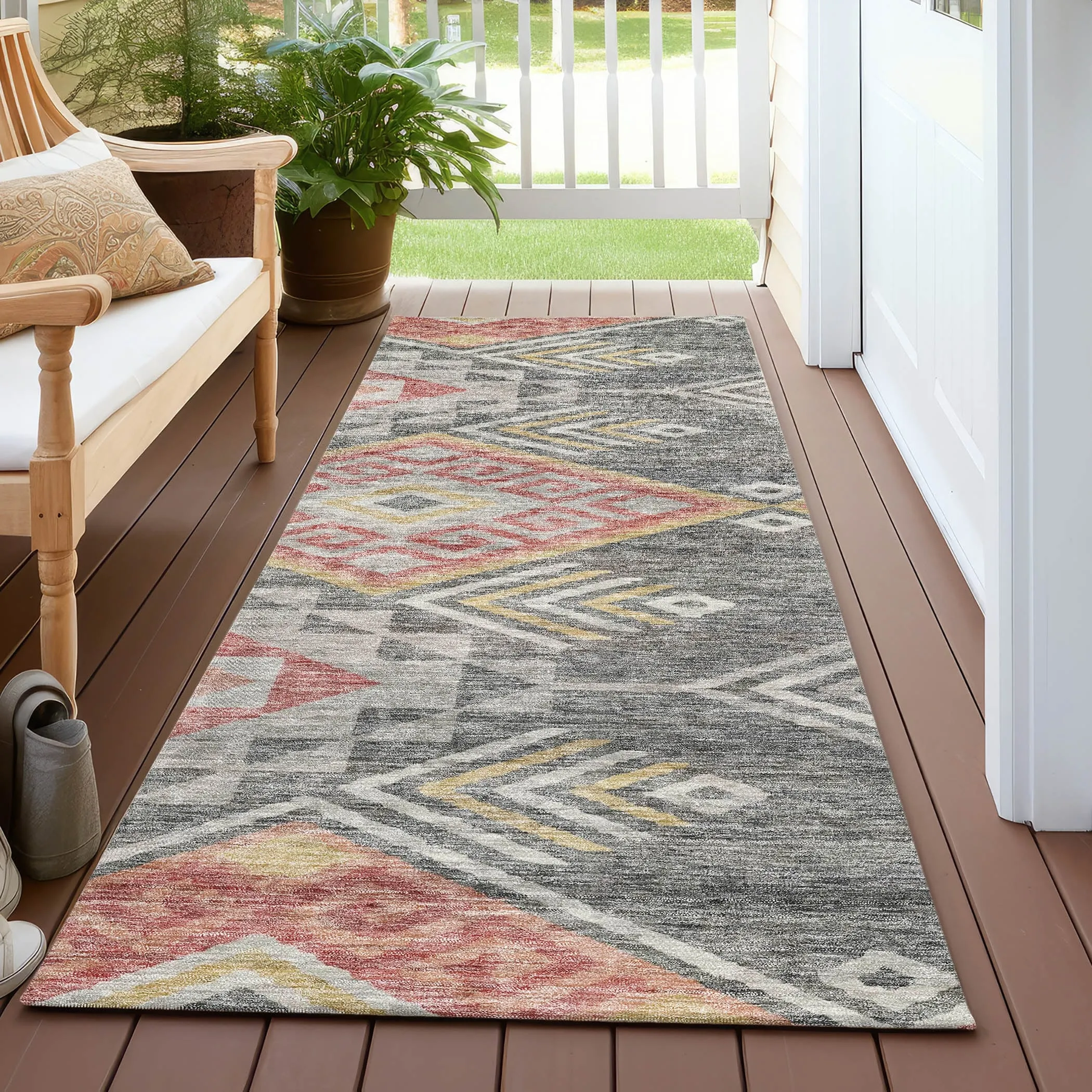 Machine Washable Indoor/ Outdoor Boho Tribal Chantille Rug