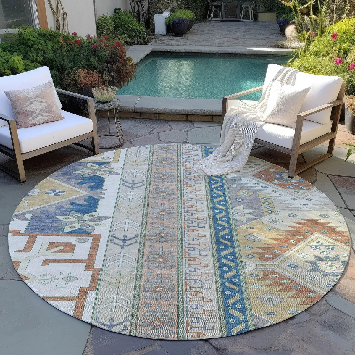 Machine Washable Indoor/ Outdoor Boho Tribal Chantille Rug