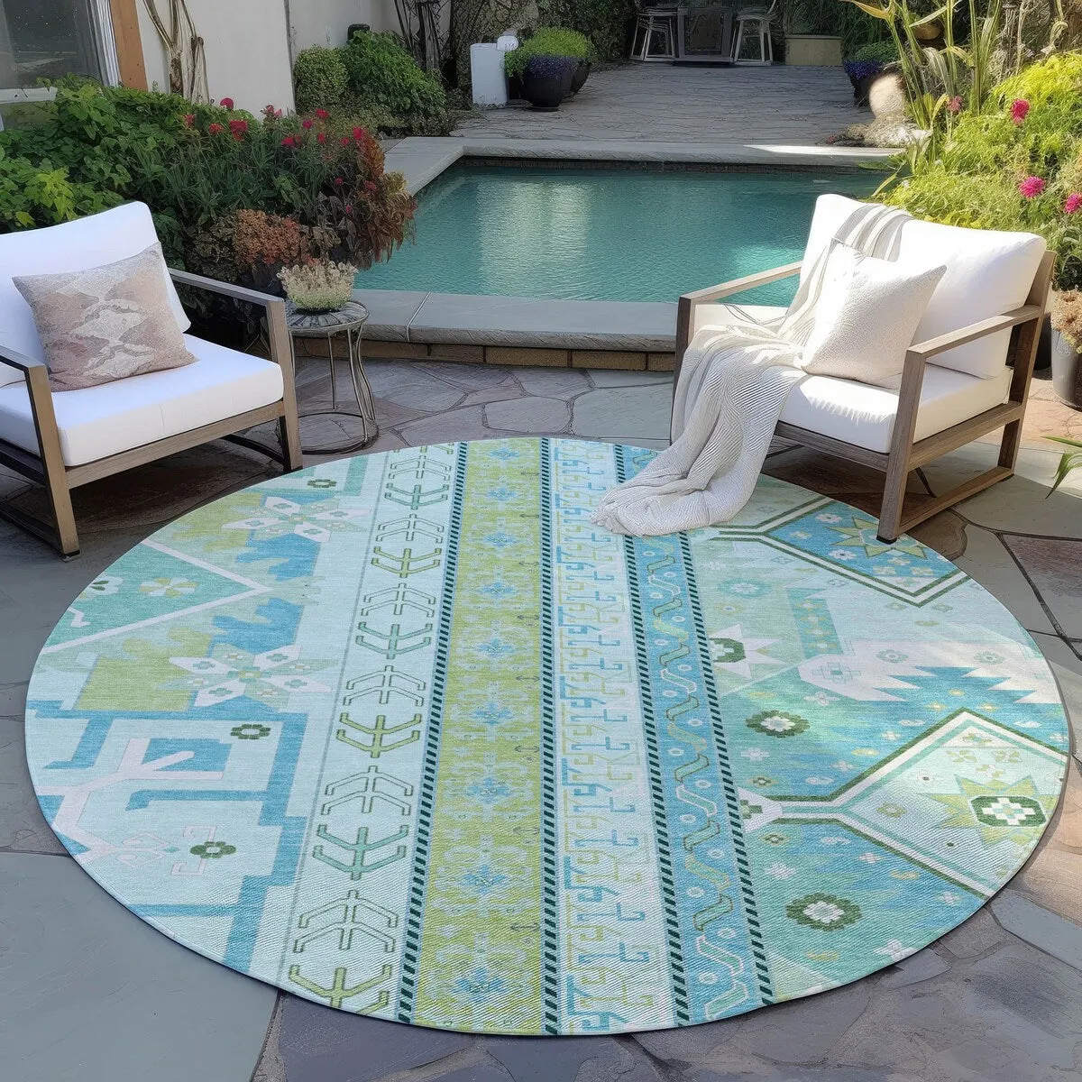 Machine Washable Indoor/ Outdoor Boho Tribal Chantille Rug