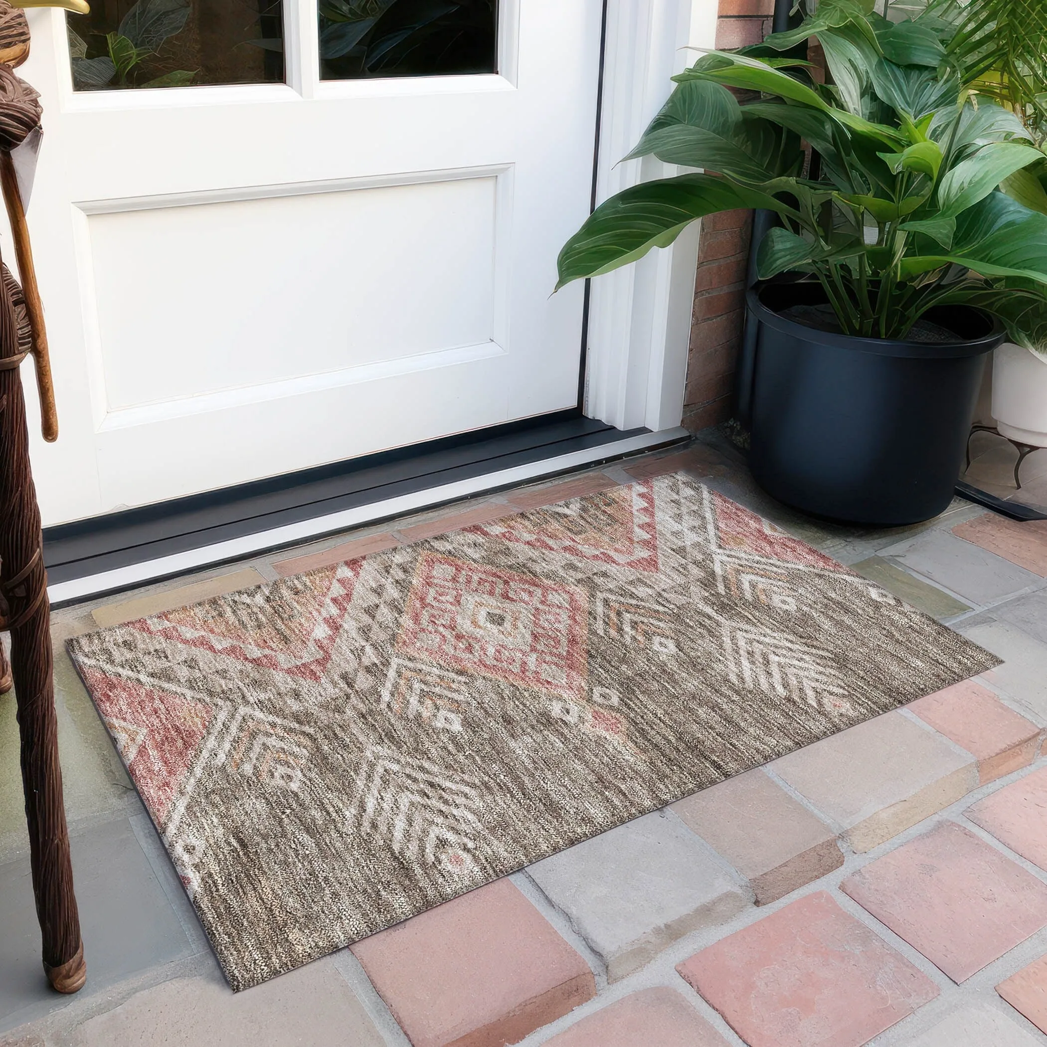 Machine Washable Indoor/ Outdoor Boho Tribal Chantille Rug