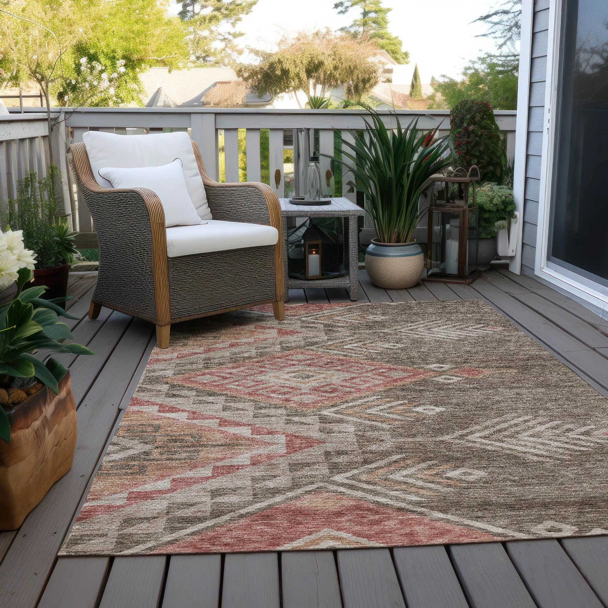 Machine Washable Indoor/ Outdoor Boho Tribal Chantille Rug