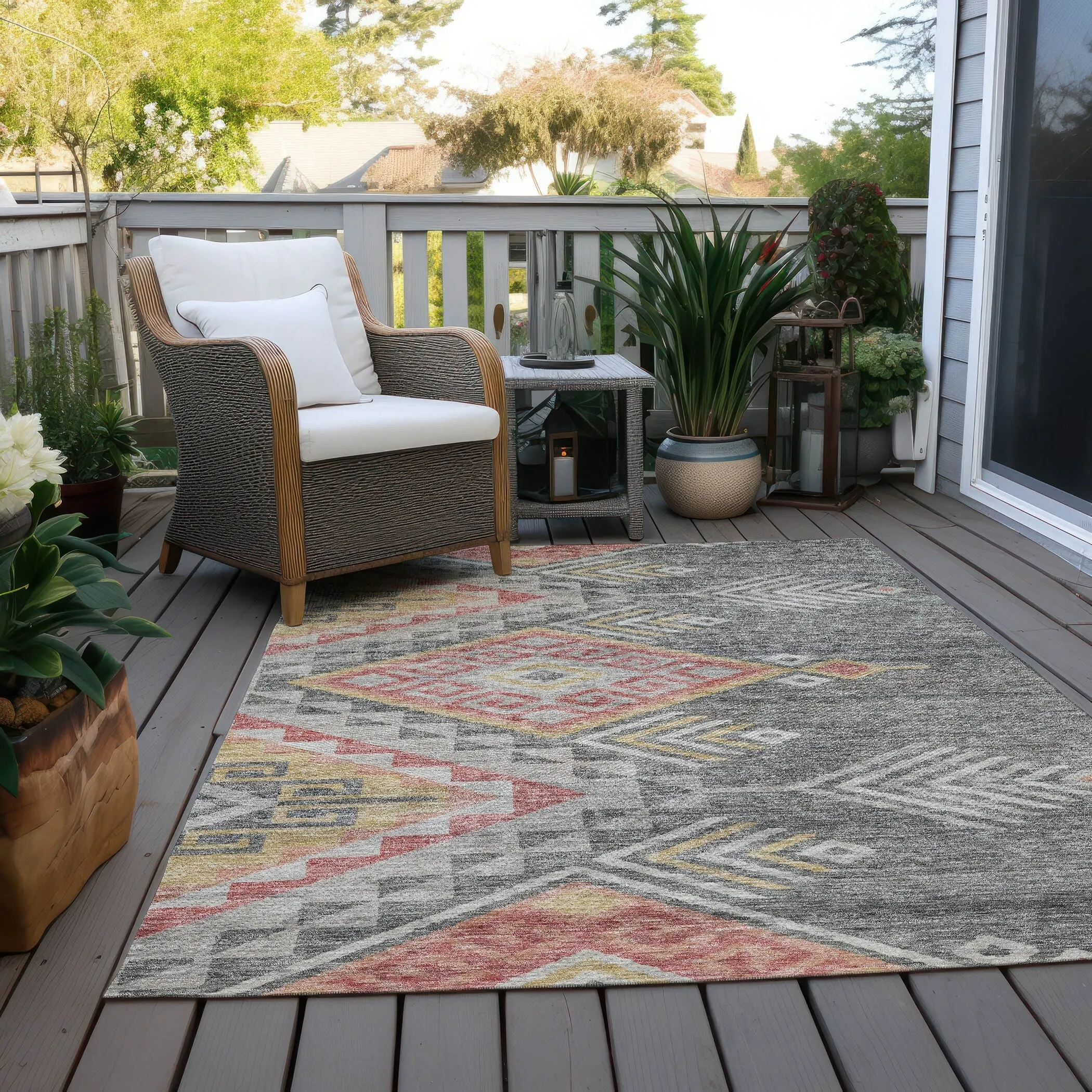 Machine Washable Indoor/ Outdoor Boho Tribal Chantille Rug