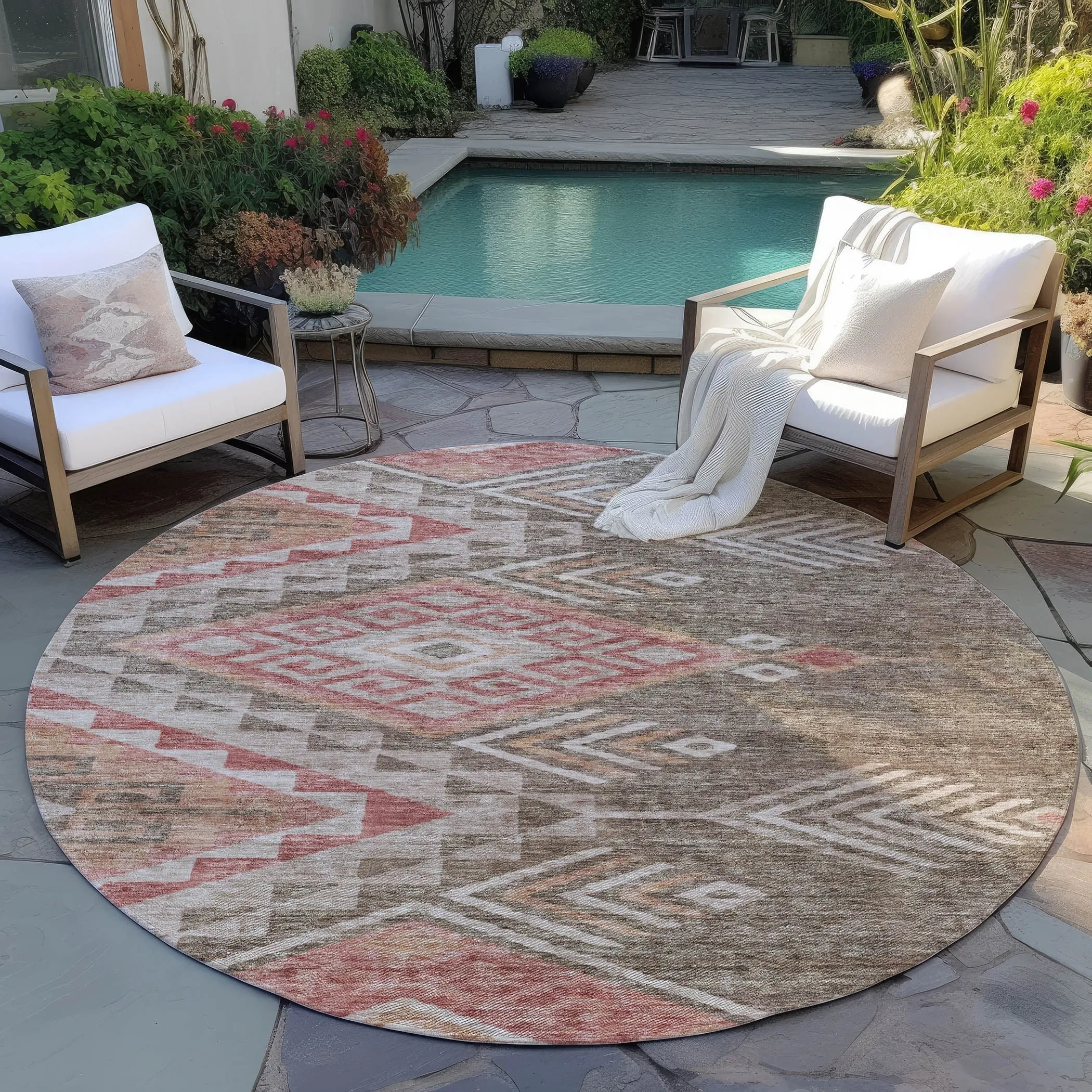 Machine Washable Indoor/ Outdoor Boho Tribal Chantille Rug