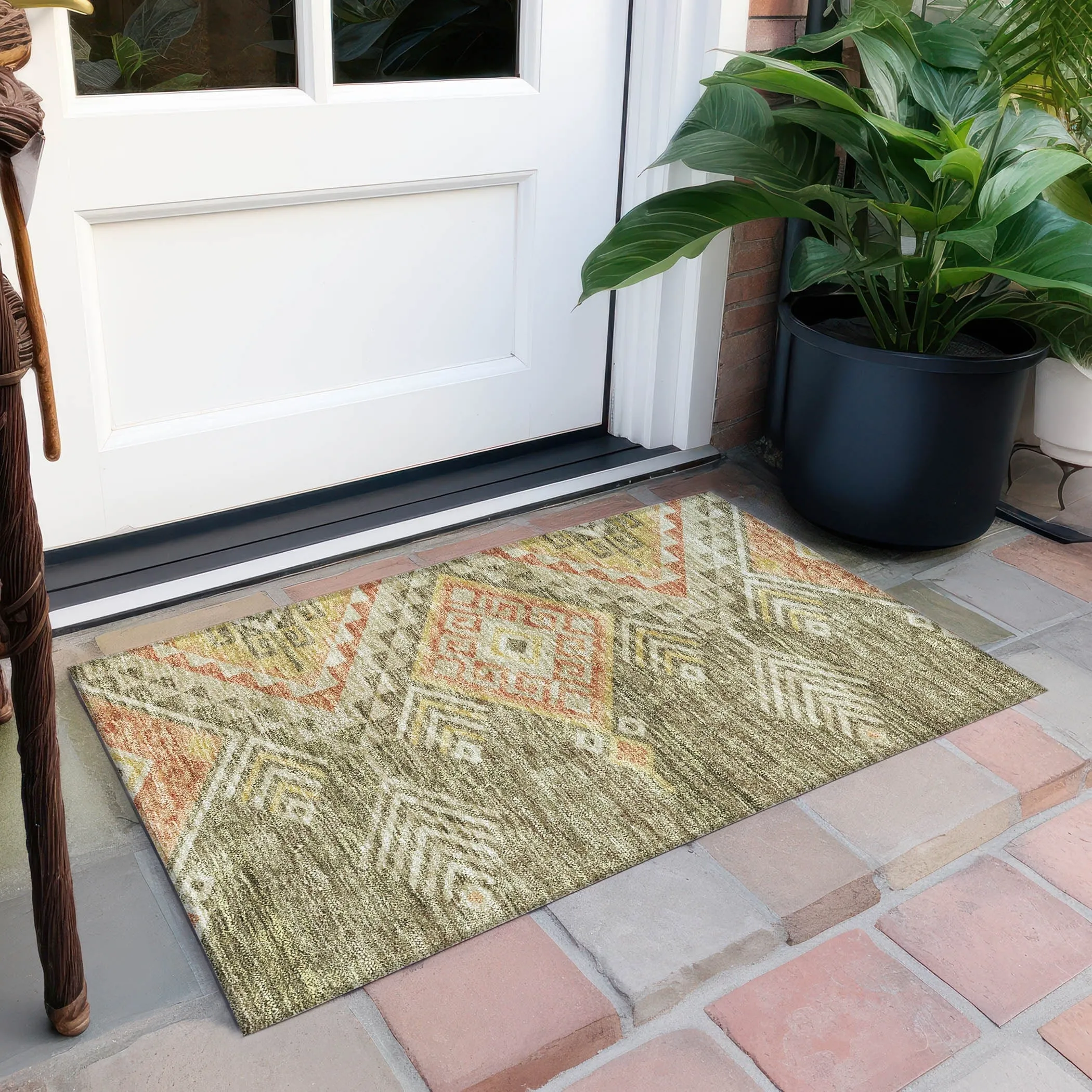 Machine Washable Indoor/ Outdoor Boho Tribal Chantille Rug