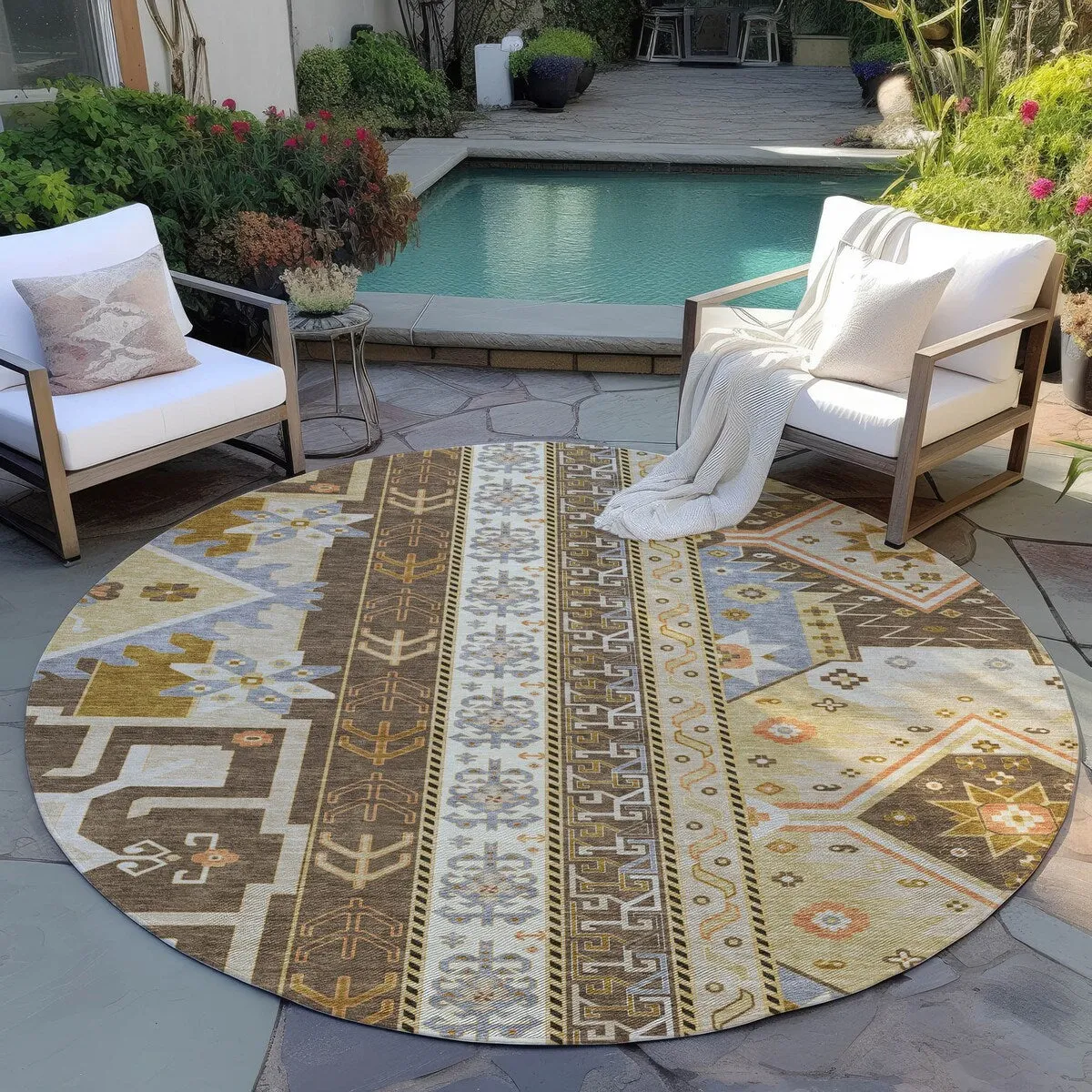 Machine Washable Indoor/ Outdoor Boho Tribal Chantille Rug
