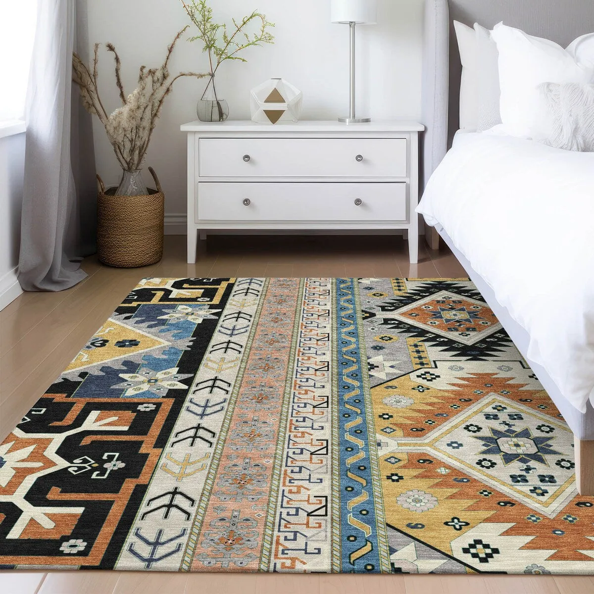 Machine Washable Indoor/ Outdoor Boho Tribal Chantille Rug