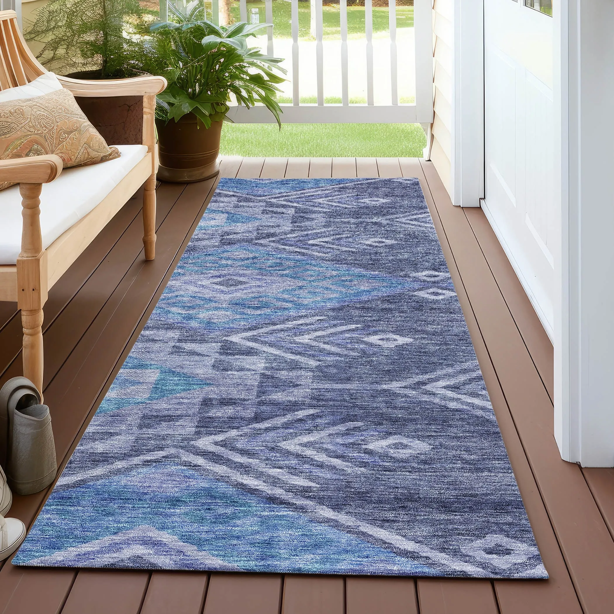 Machine Washable Indoor/ Outdoor Boho Tribal Chantille Rug