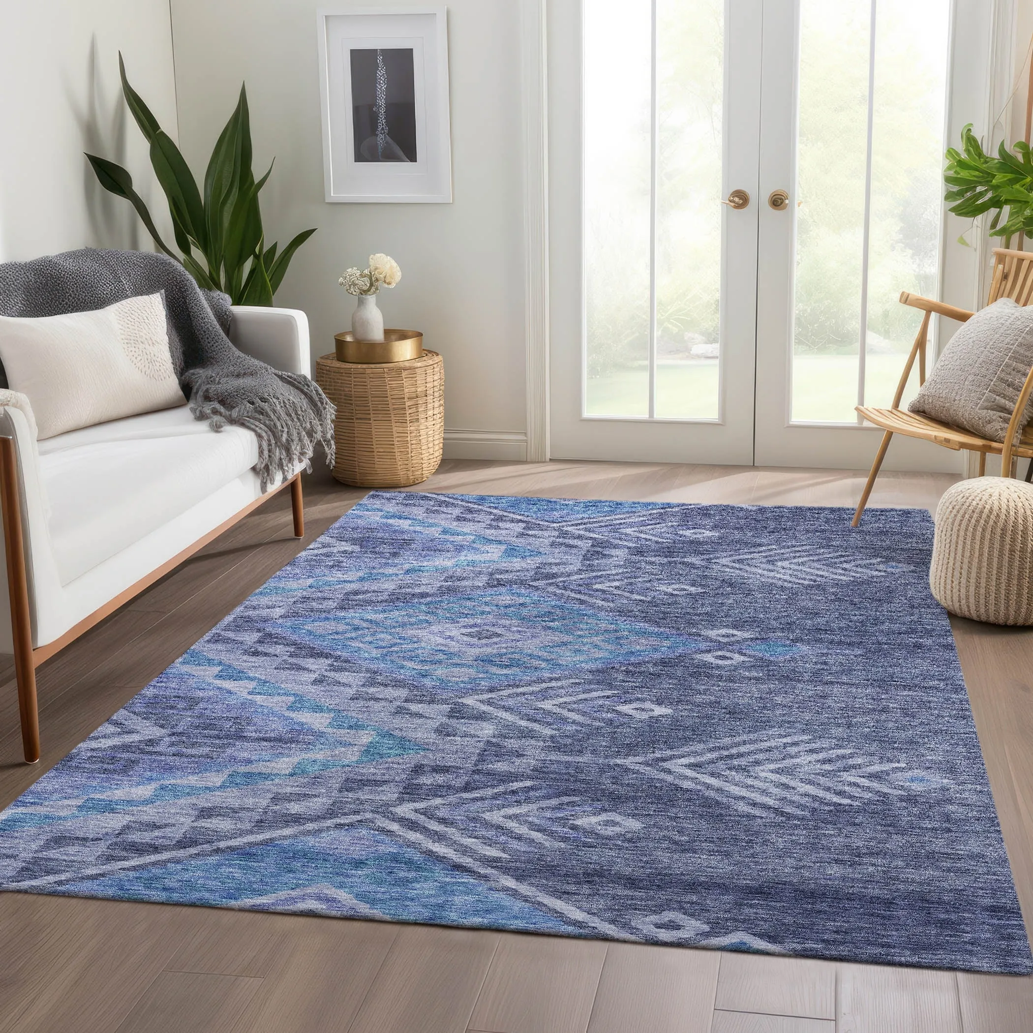 Machine Washable Indoor/ Outdoor Boho Tribal Chantille Rug