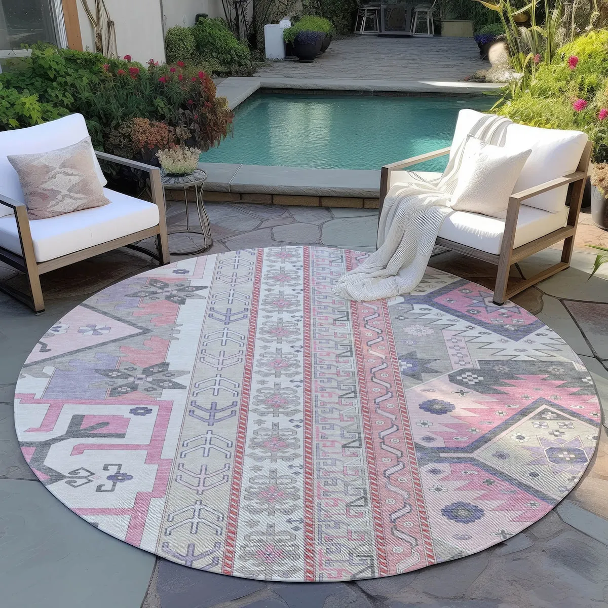 Machine Washable Indoor/ Outdoor Boho Tribal Chantille Rug