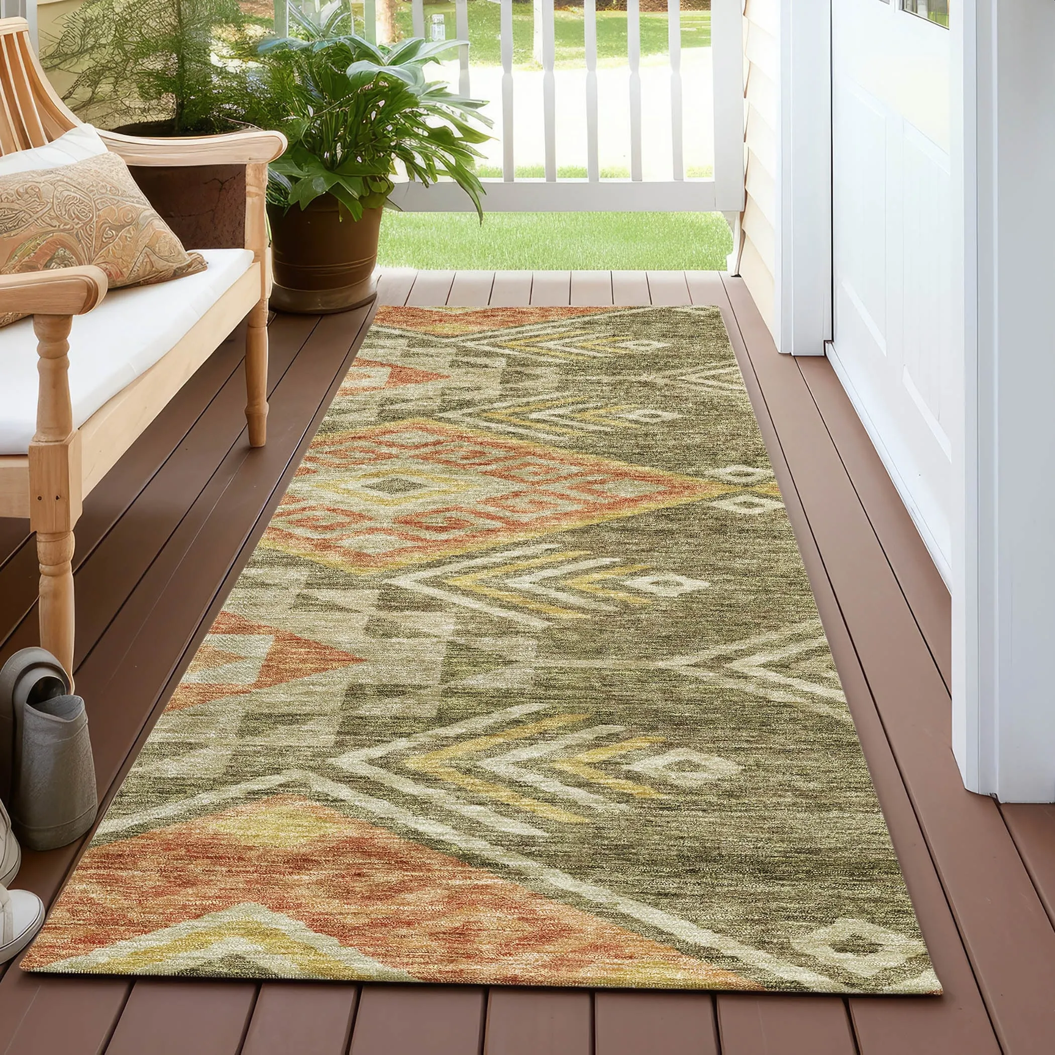Machine Washable Indoor/ Outdoor Boho Tribal Chantille Rug