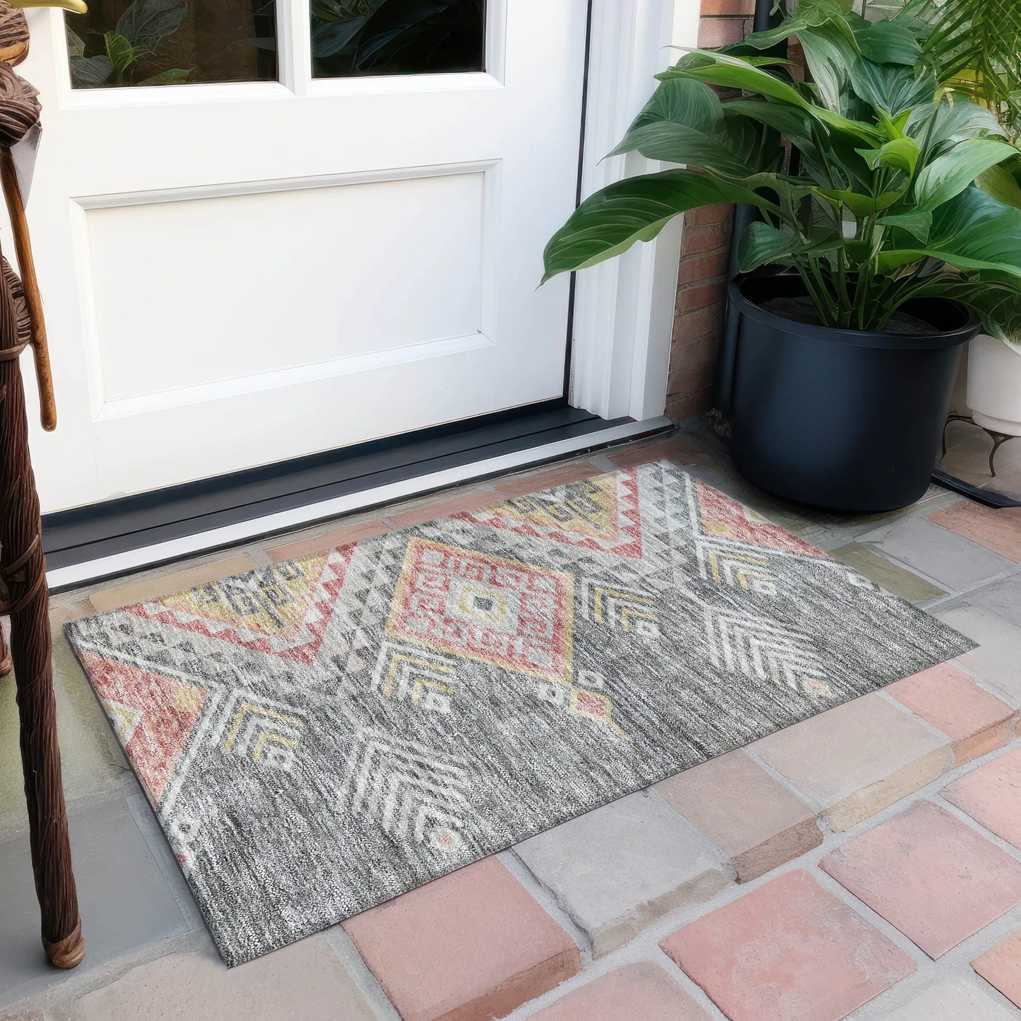 Machine Washable Indoor/ Outdoor Boho Tribal Chantille Rug