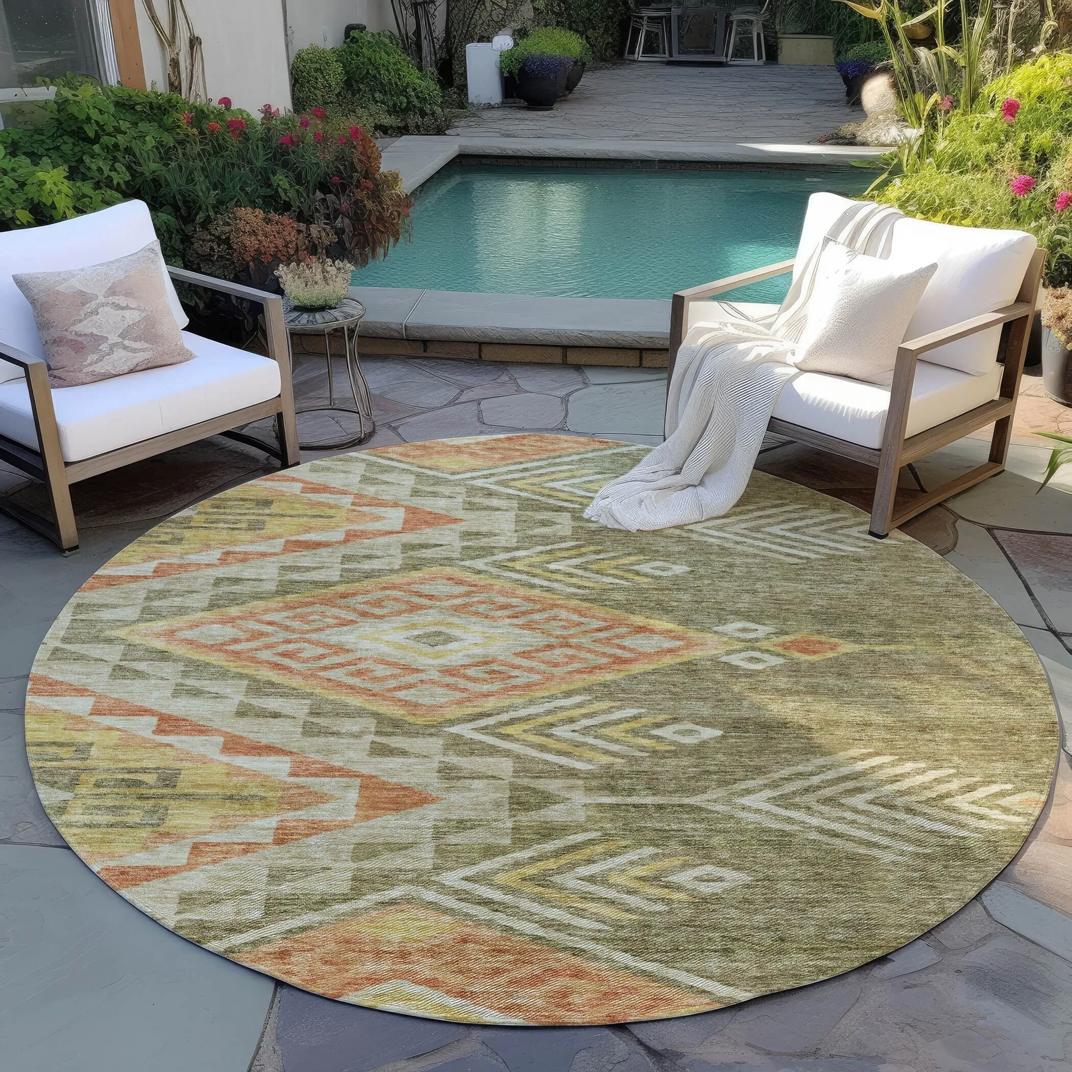 Machine Washable Indoor/ Outdoor Boho Tribal Chantille Rug