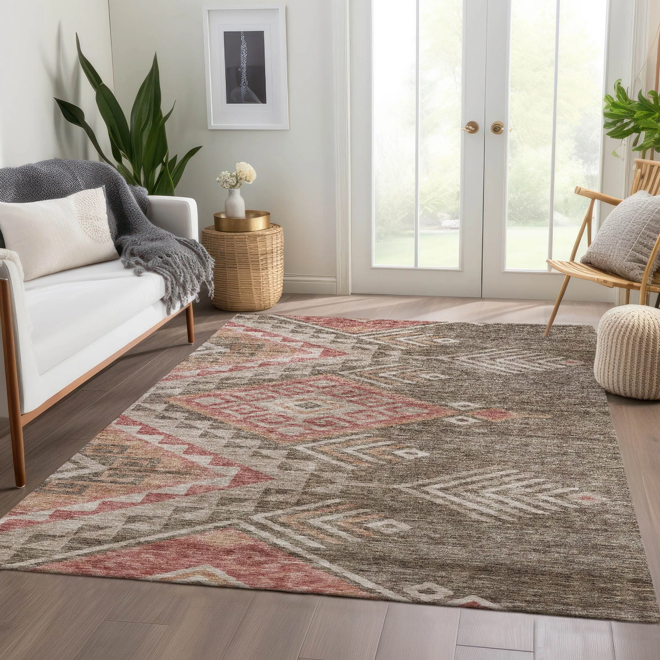 Machine Washable Indoor/ Outdoor Boho Tribal Chantille Rug