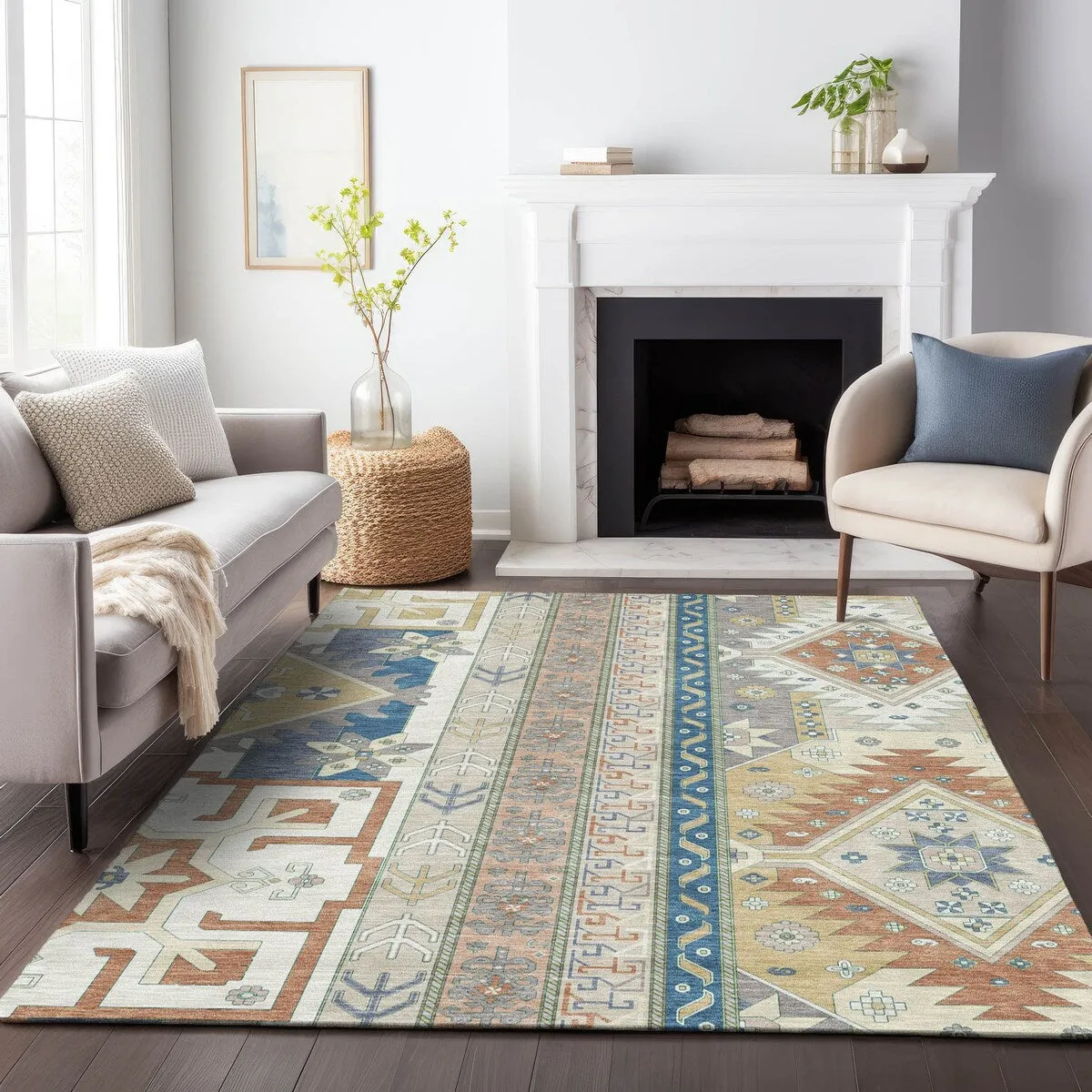 Machine Washable Indoor/ Outdoor Boho Tribal Chantille Rug