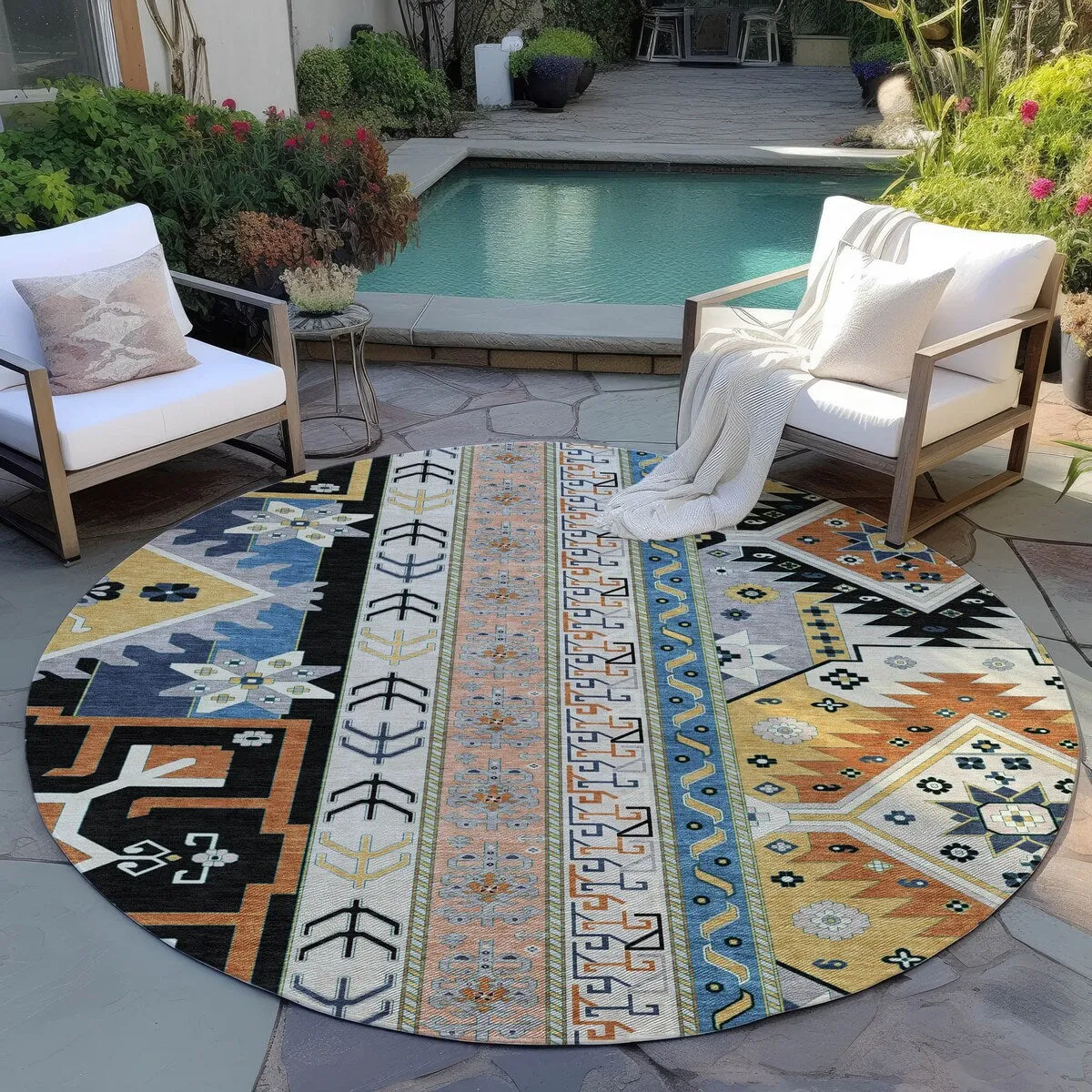 Machine Washable Indoor/ Outdoor Boho Tribal Chantille Rug