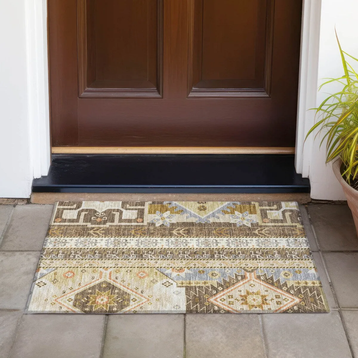 Machine Washable Indoor/ Outdoor Boho Tribal Chantille Rug