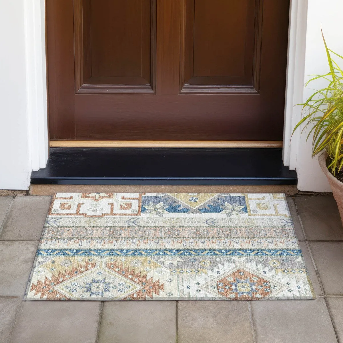 Machine Washable Indoor/ Outdoor Boho Tribal Chantille Rug
