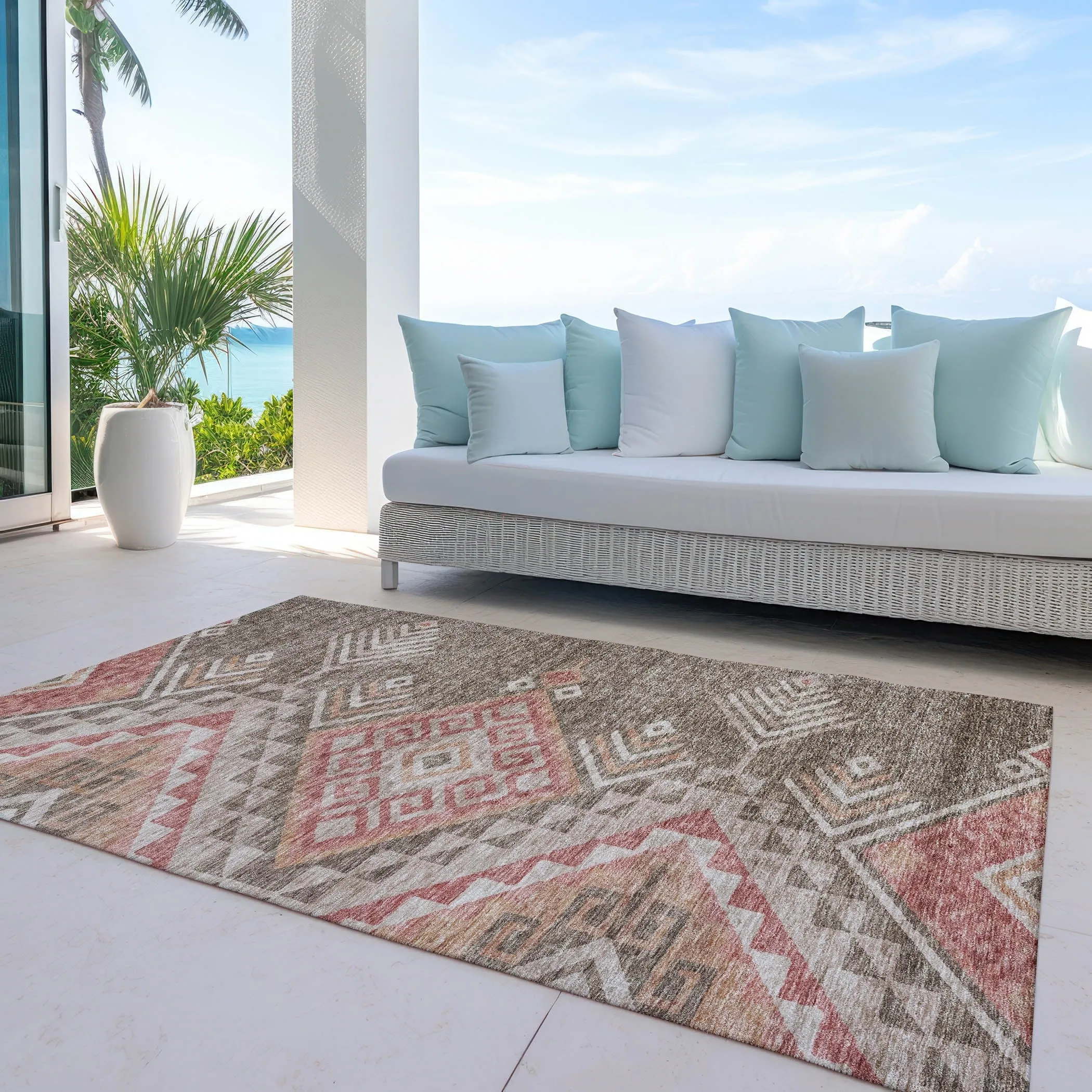 Machine Washable Indoor/ Outdoor Boho Tribal Chantille Rug
