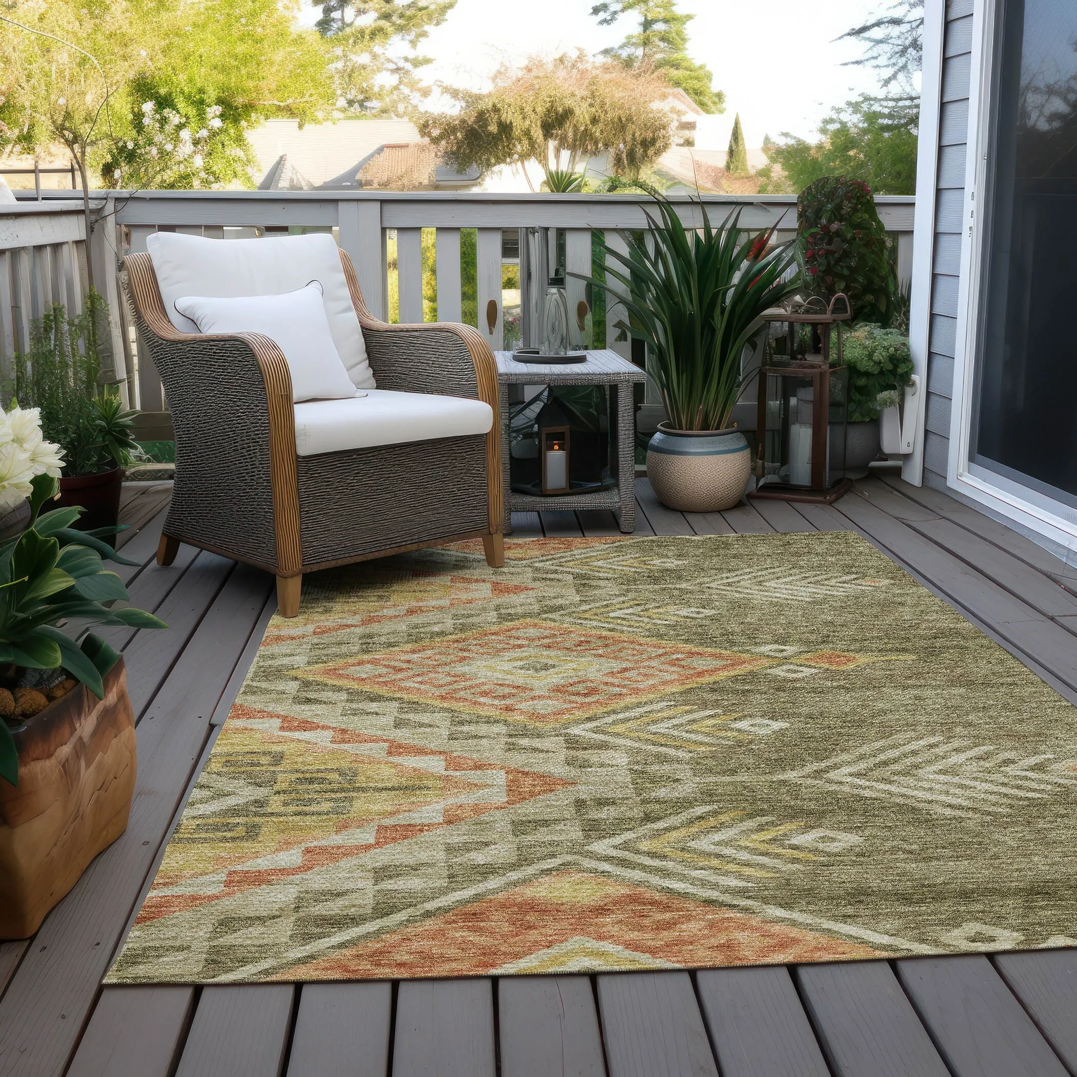 Machine Washable Indoor/ Outdoor Boho Tribal Chantille Rug