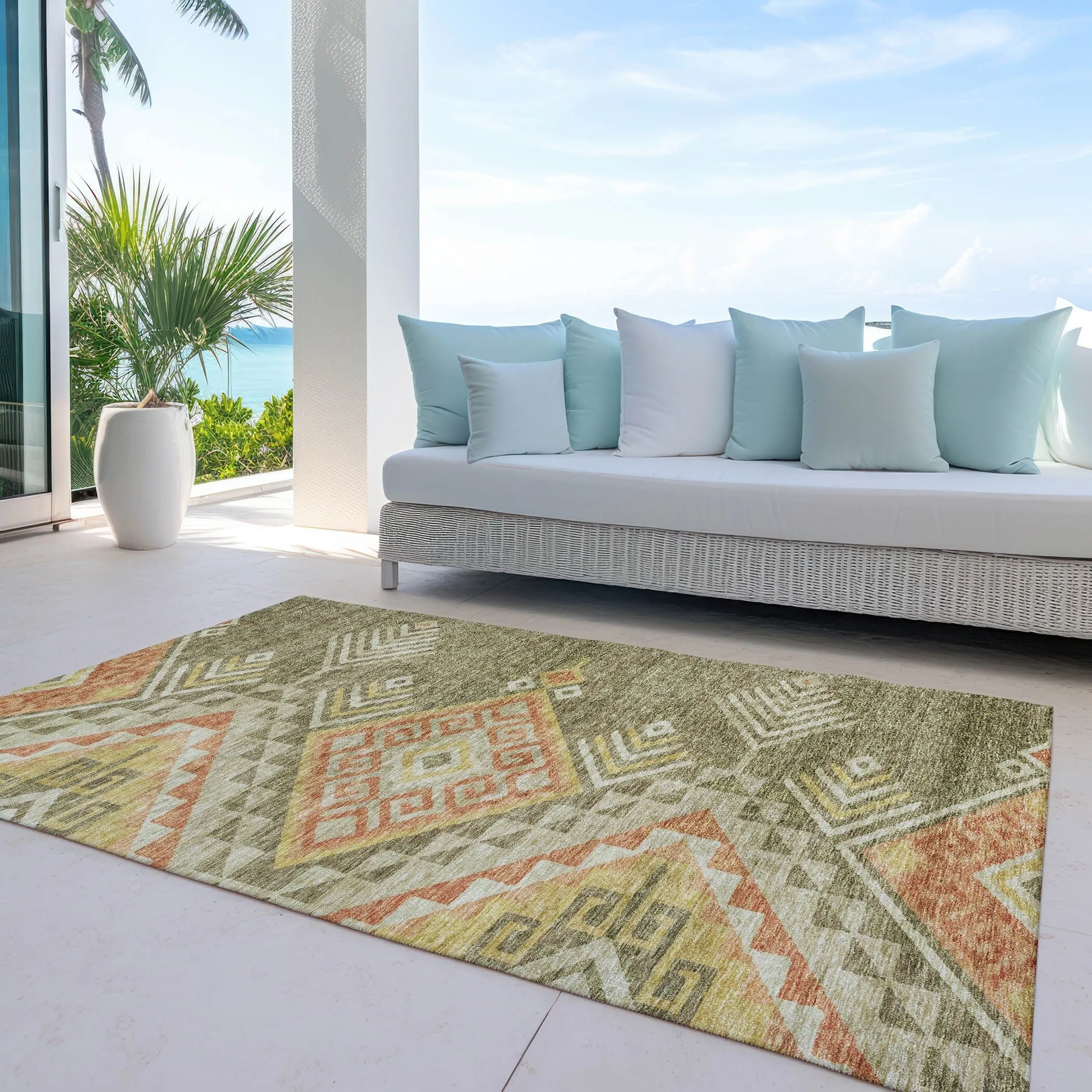 Machine Washable Indoor/ Outdoor Boho Tribal Chantille Rug