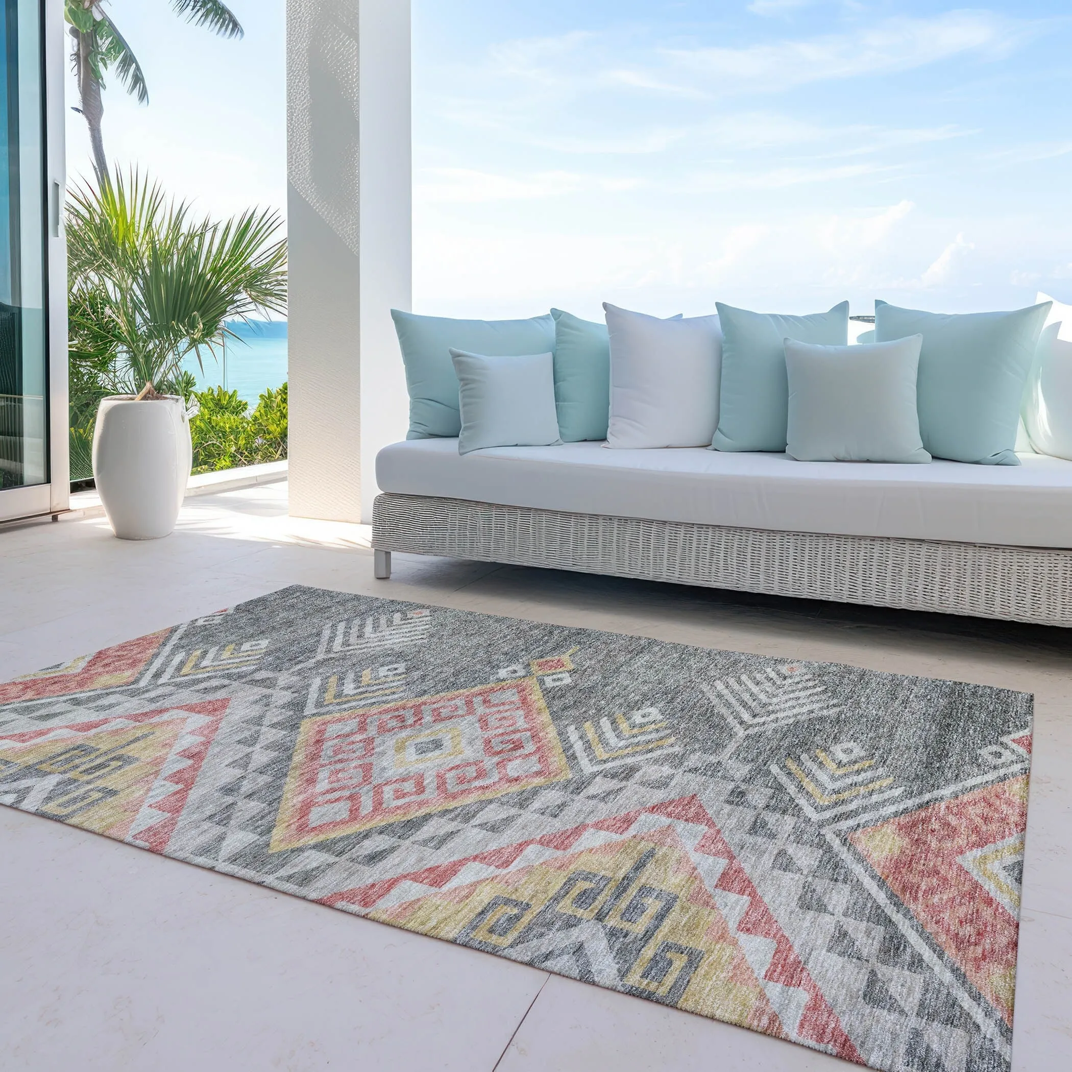 Machine Washable Indoor/ Outdoor Boho Tribal Chantille Rug