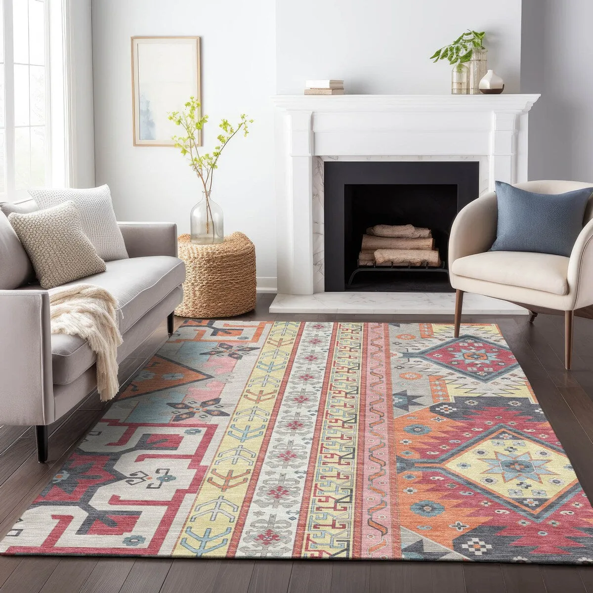 Machine Washable Indoor/ Outdoor Boho Tribal Chantille Rug