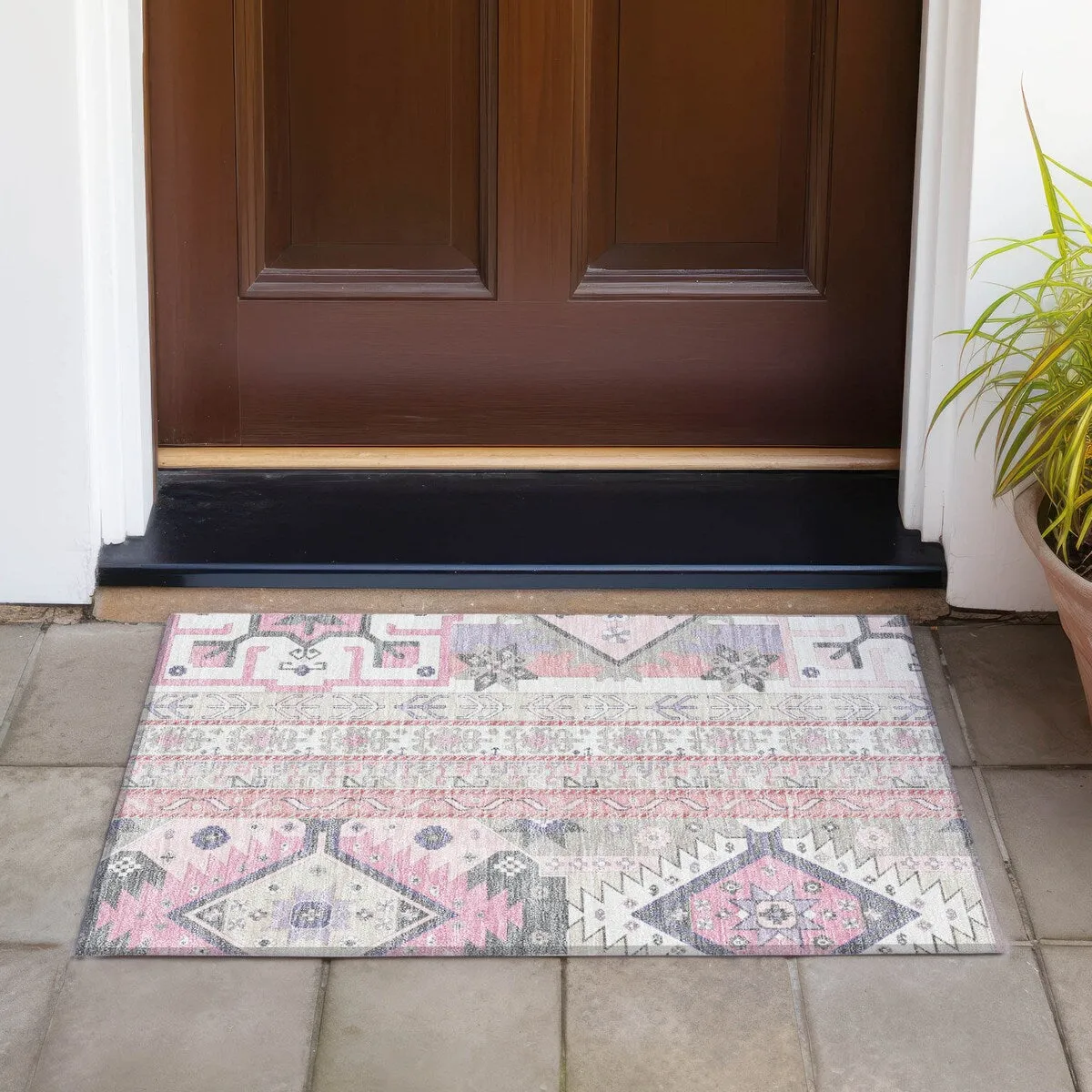 Machine Washable Indoor/ Outdoor Boho Tribal Chantille Rug