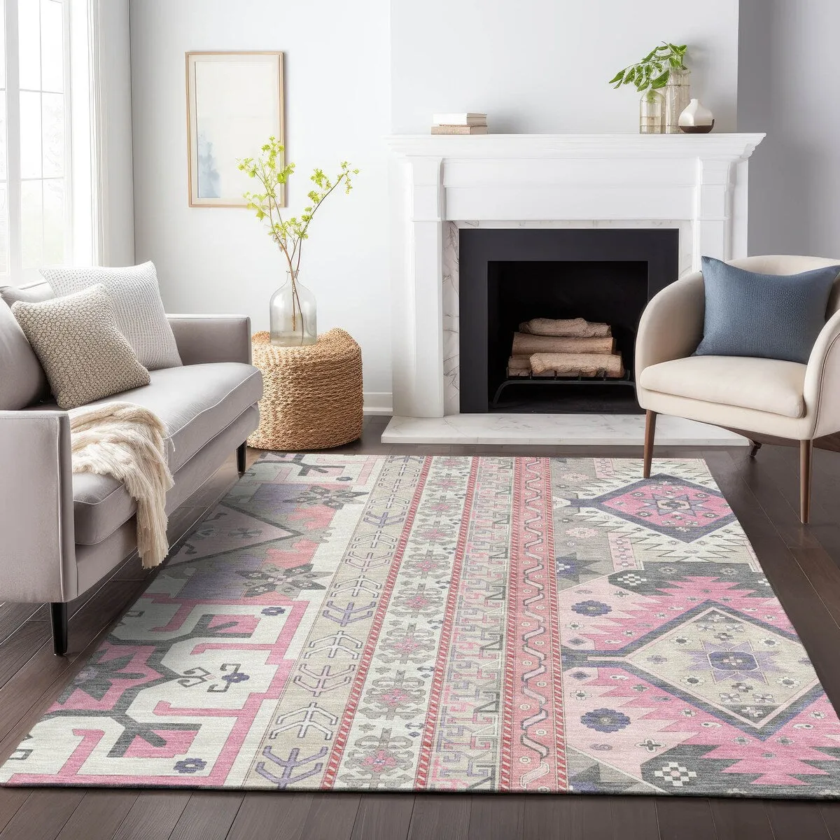 Machine Washable Indoor/ Outdoor Boho Tribal Chantille Rug