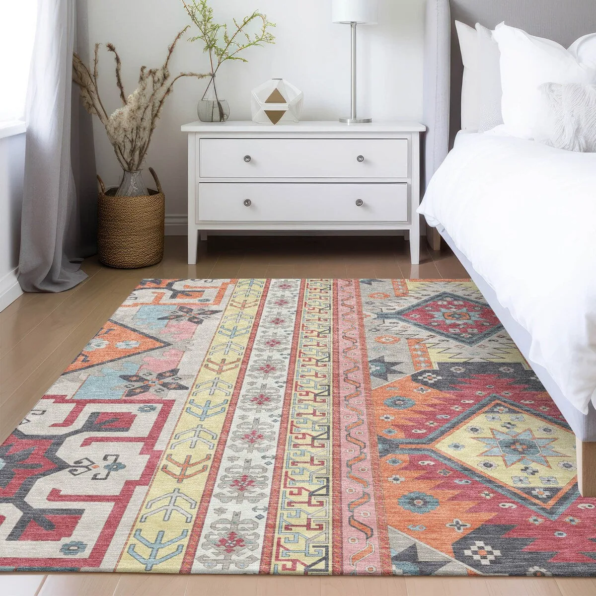 Machine Washable Indoor/ Outdoor Boho Tribal Chantille Rug