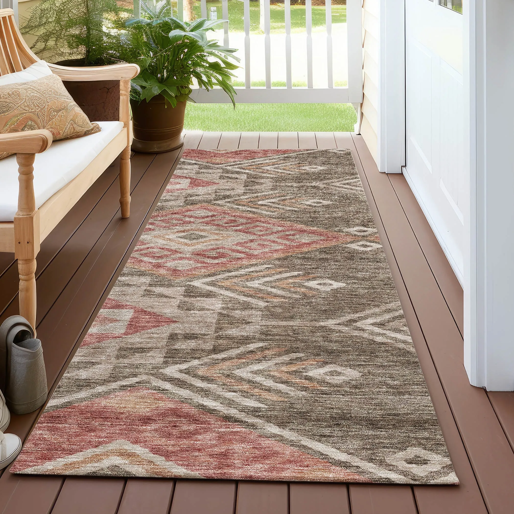 Machine Washable Indoor/ Outdoor Boho Tribal Chantille Rug