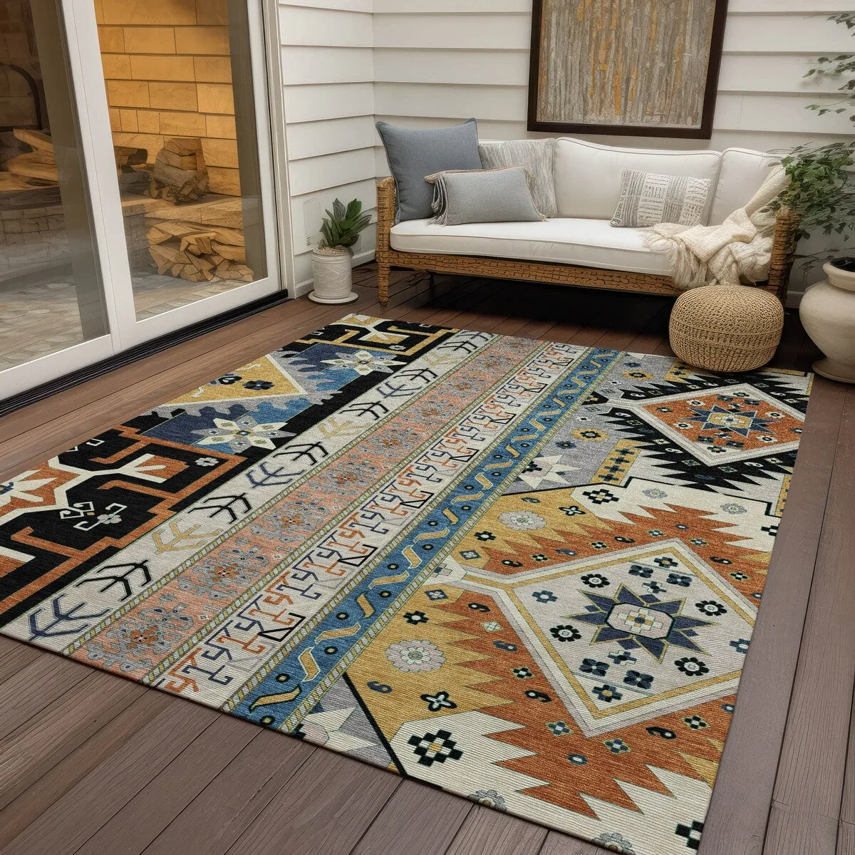 Machine Washable Indoor/ Outdoor Boho Tribal Chantille Rug