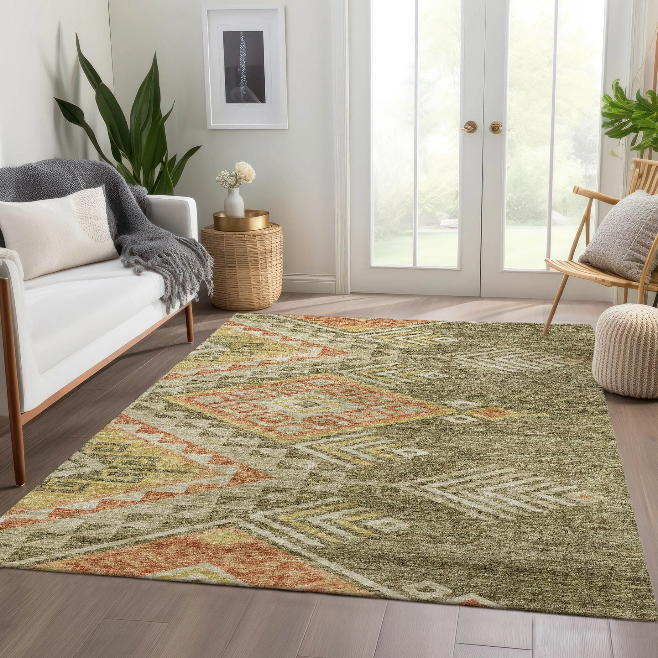 Machine Washable Indoor/ Outdoor Boho Tribal Chantille Rug