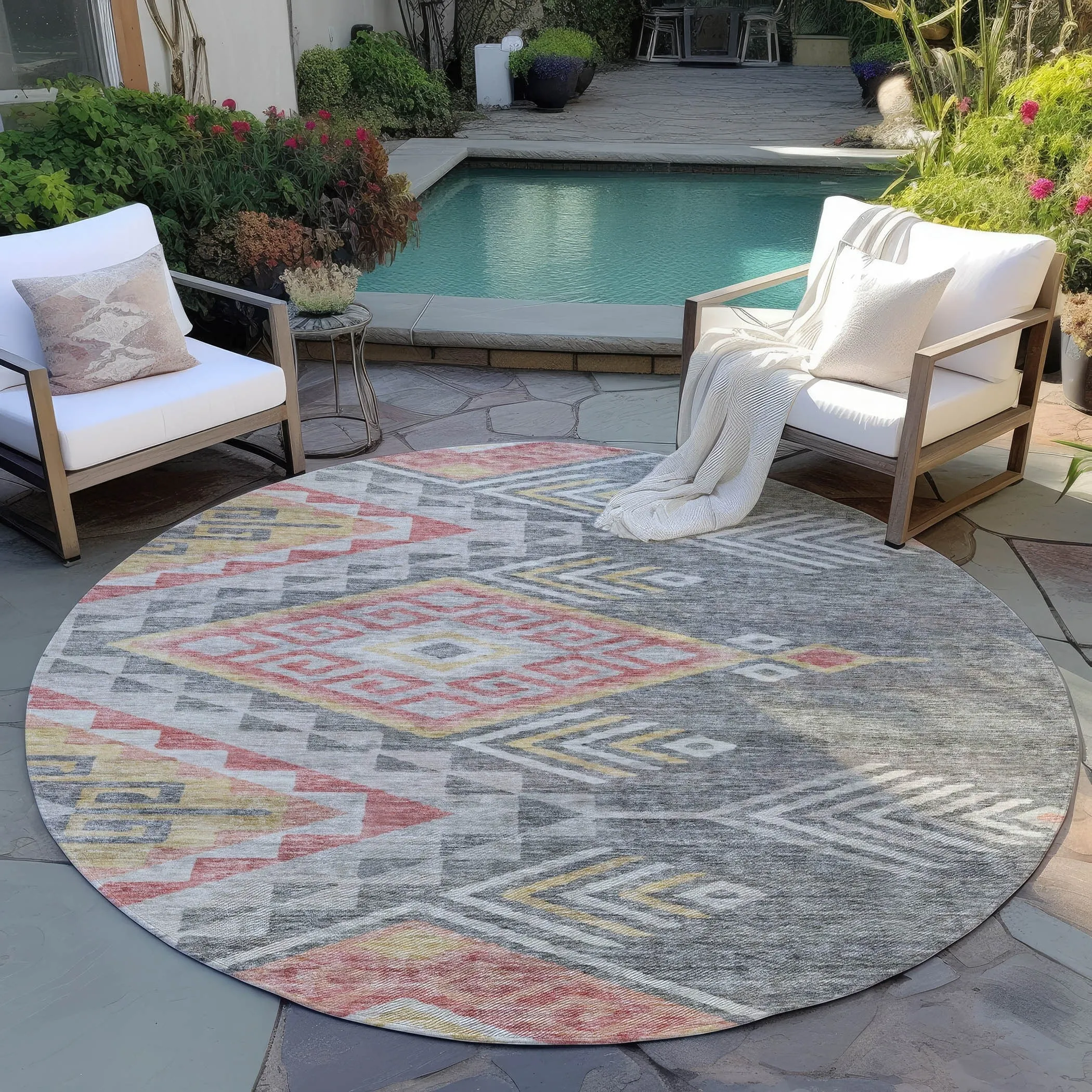 Machine Washable Indoor/ Outdoor Boho Tribal Chantille Rug