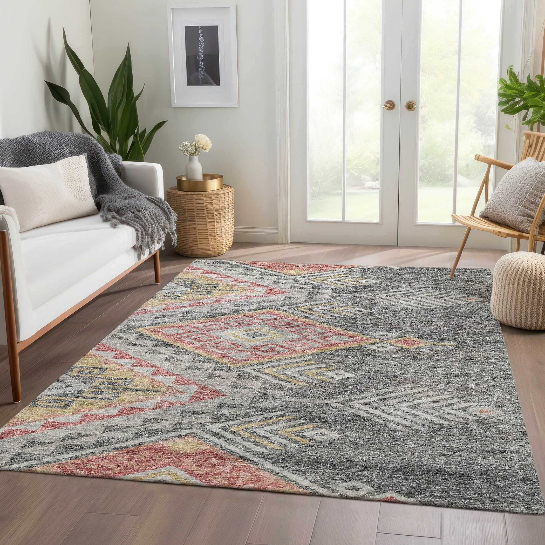 Machine Washable Indoor/ Outdoor Boho Tribal Chantille Rug