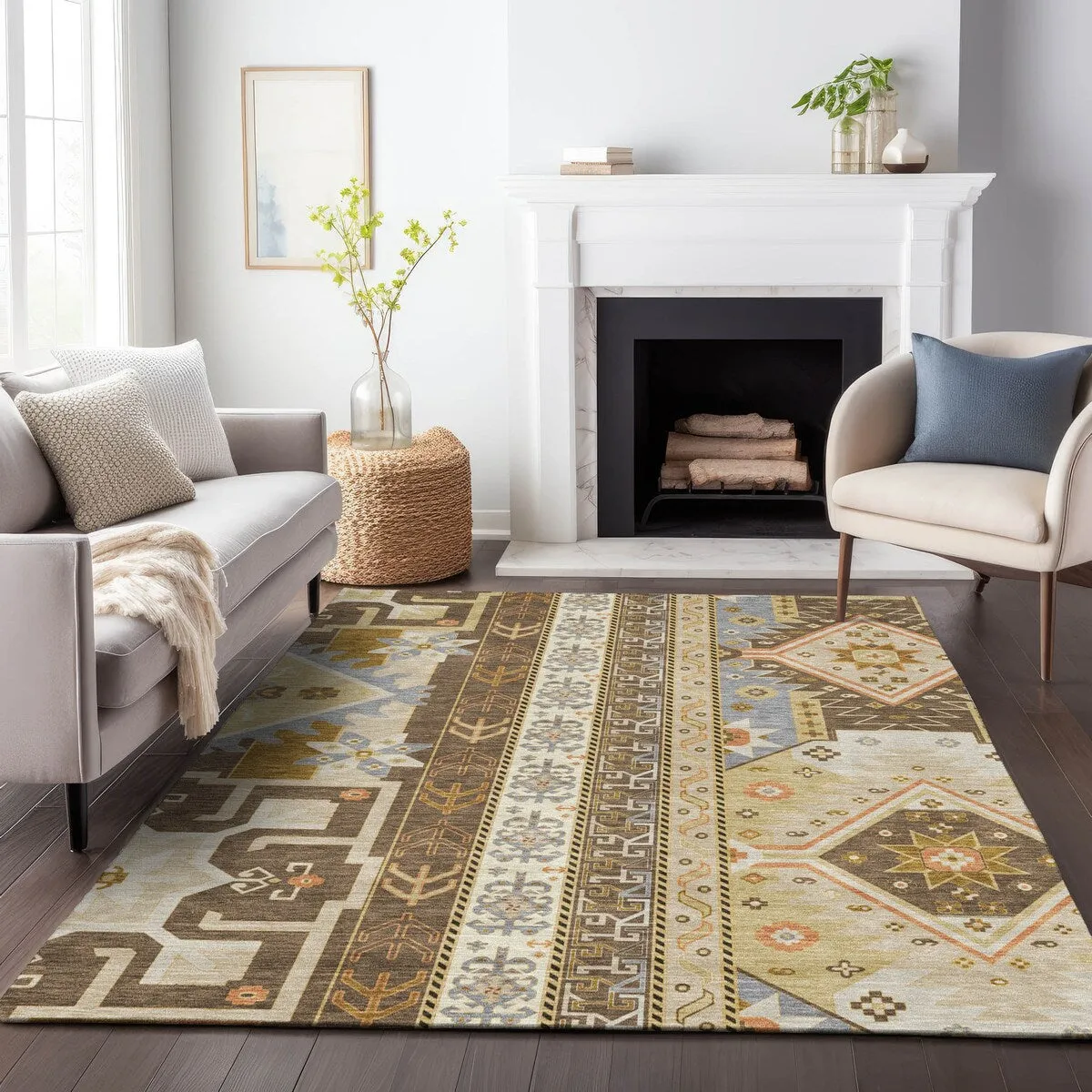 Machine Washable Indoor/ Outdoor Boho Tribal Chantille Rug