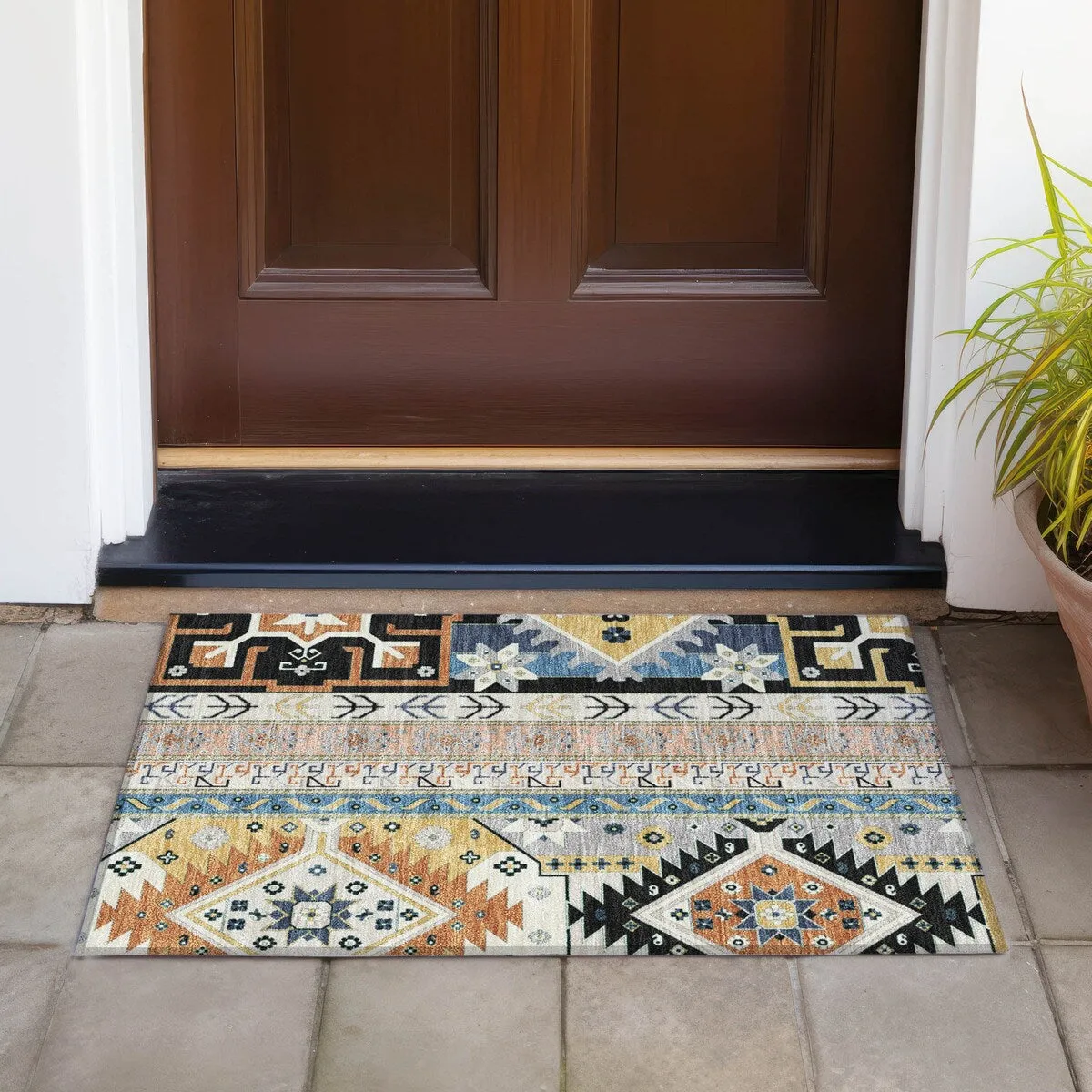 Machine Washable Indoor/ Outdoor Boho Tribal Chantille Rug