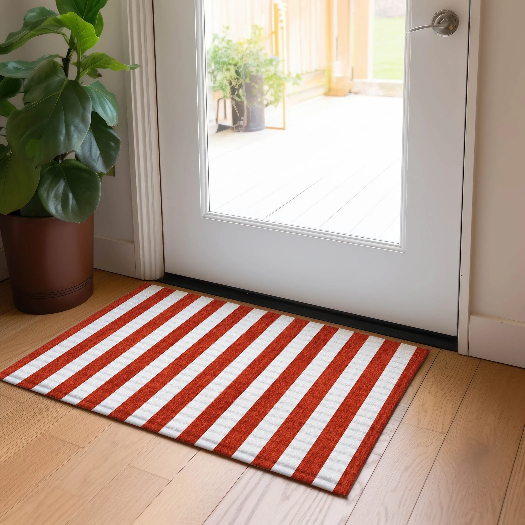 Machine Washable Indoor/ Outdoor Cabana Striped Chantille Rug