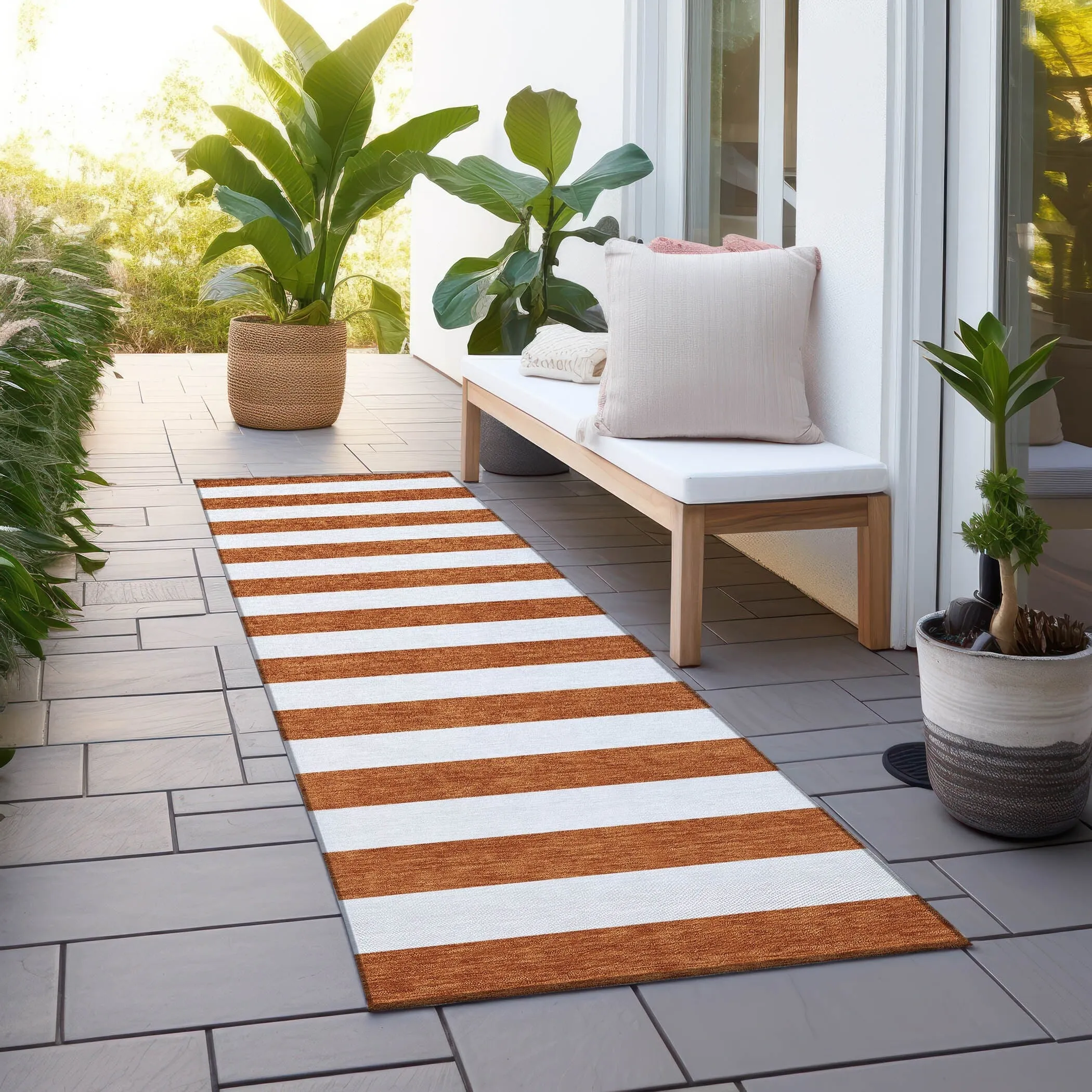 Machine Washable Indoor/ Outdoor Cabana Striped Chantille Rug