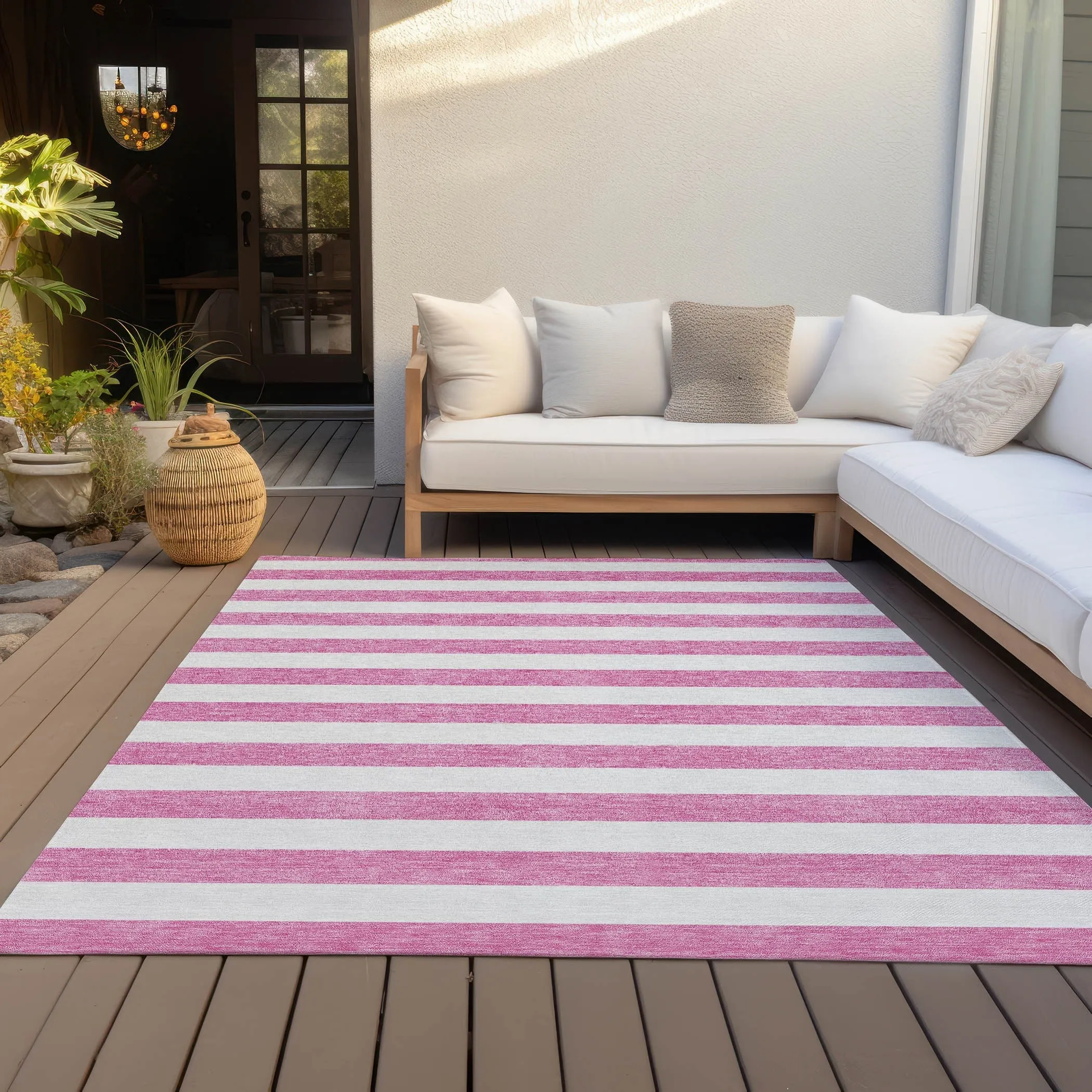 Machine Washable Indoor/ Outdoor Cabana Striped Chantille Rug