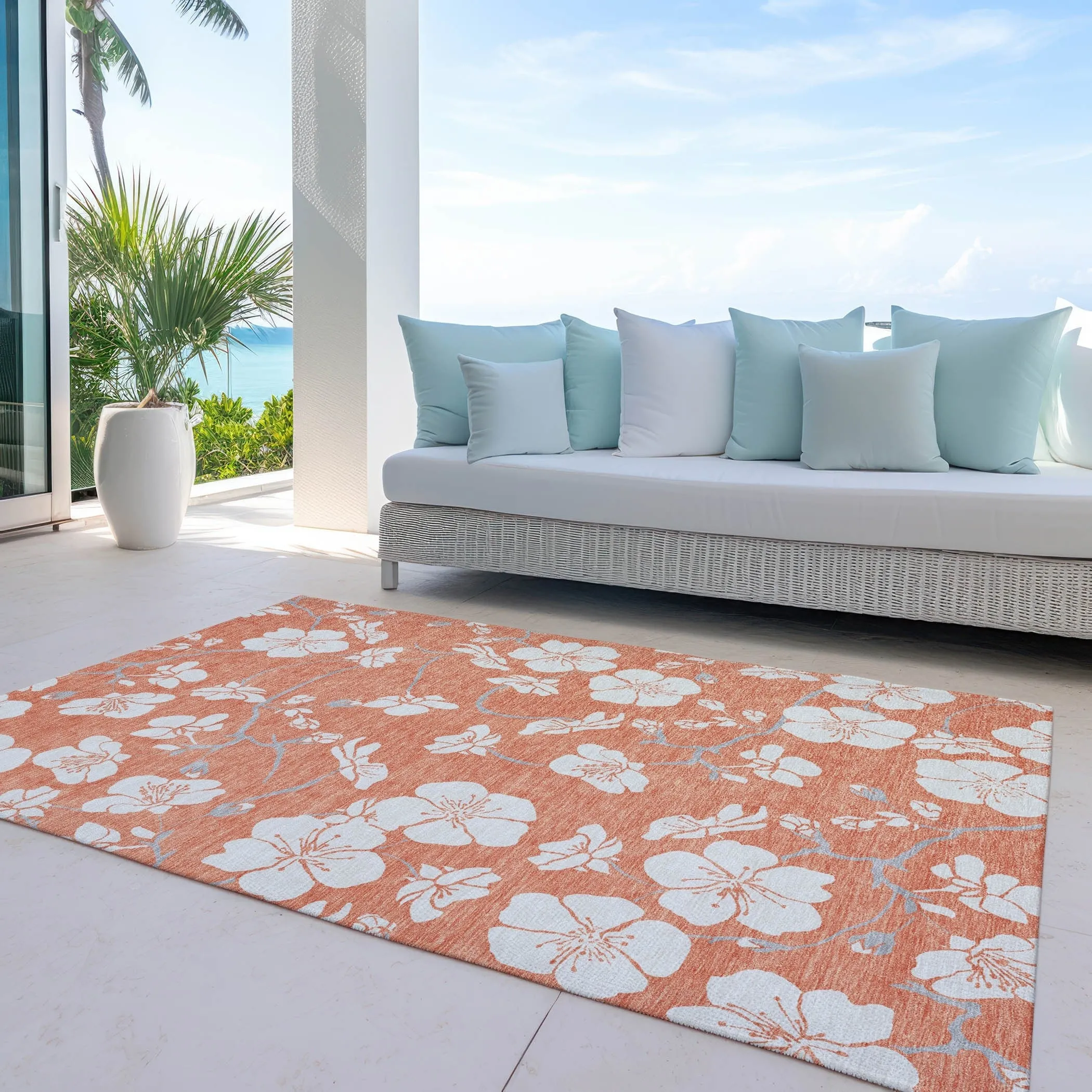 Machine Washable Indoor/ Outdoor Calm Floral Chantille Rug