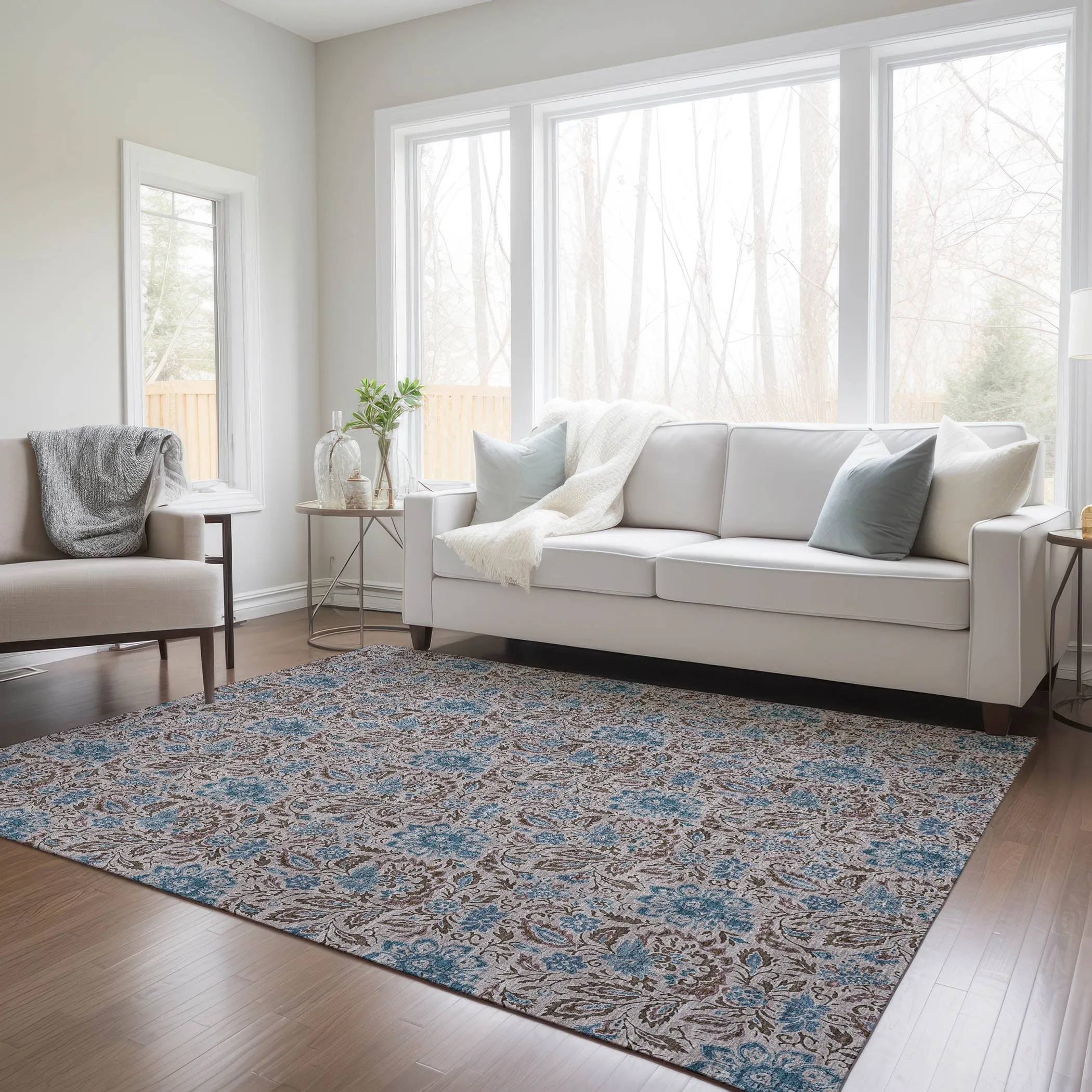Machine Washable Indoor/ Outdoor Chantille Casual Floral Rug