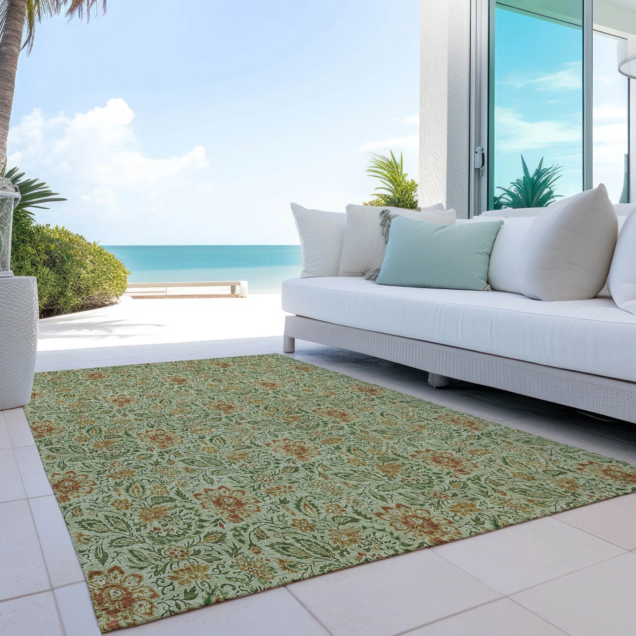 Machine Washable Indoor/ Outdoor Chantille Casual Floral Rug