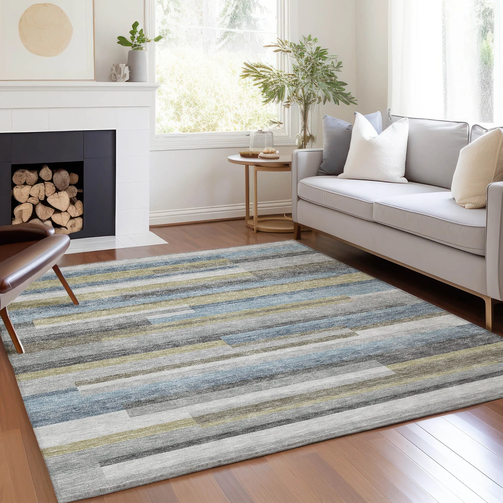 Machine Washable Indoor/ Outdoor Chantille Contempory Stripe Rug